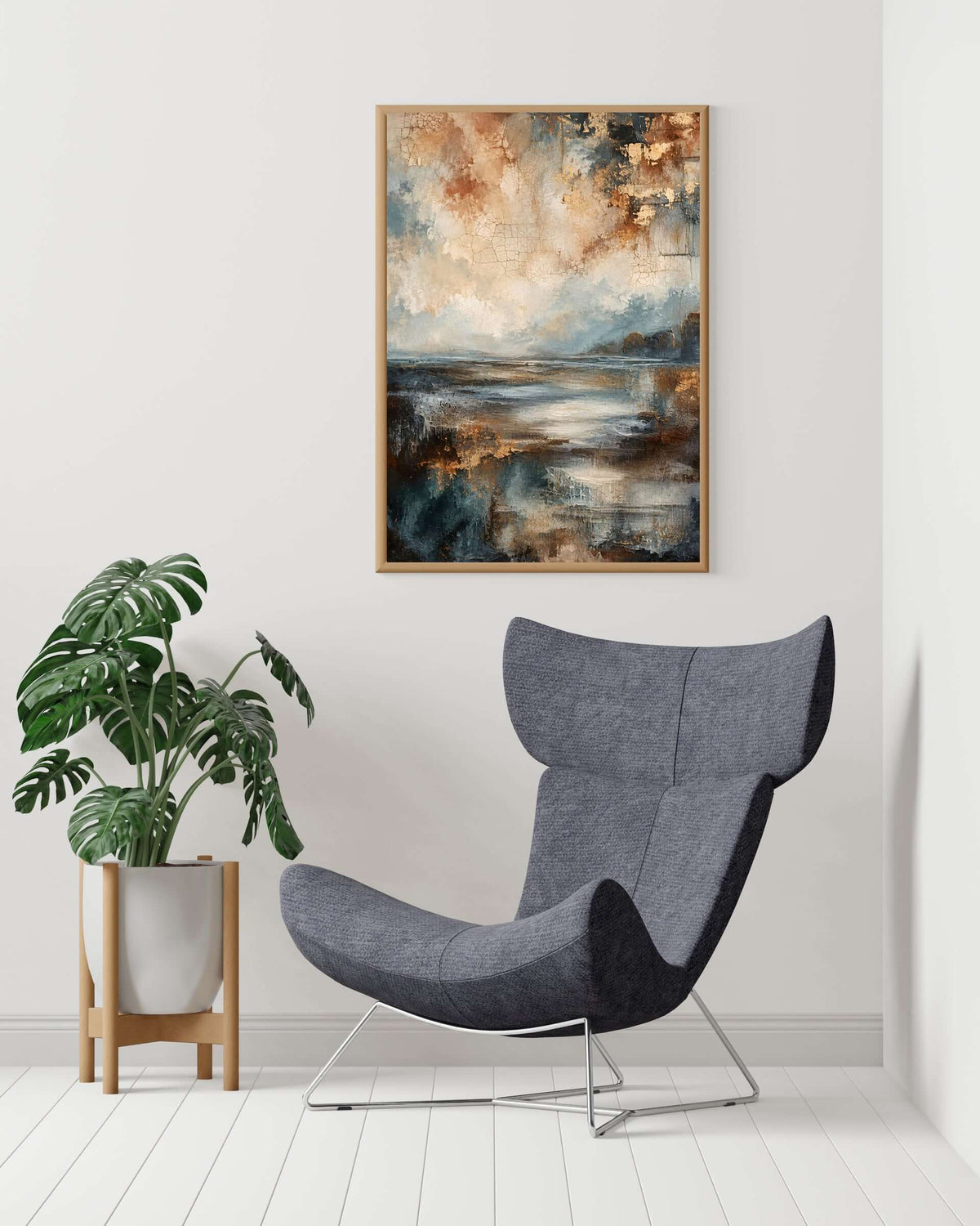 Kobberhimmel veggbilde i varme kobbertoner og gyldne nyanser, innrammet, over en moderne stol i stue. – moderne veggkunst | KBentz.no