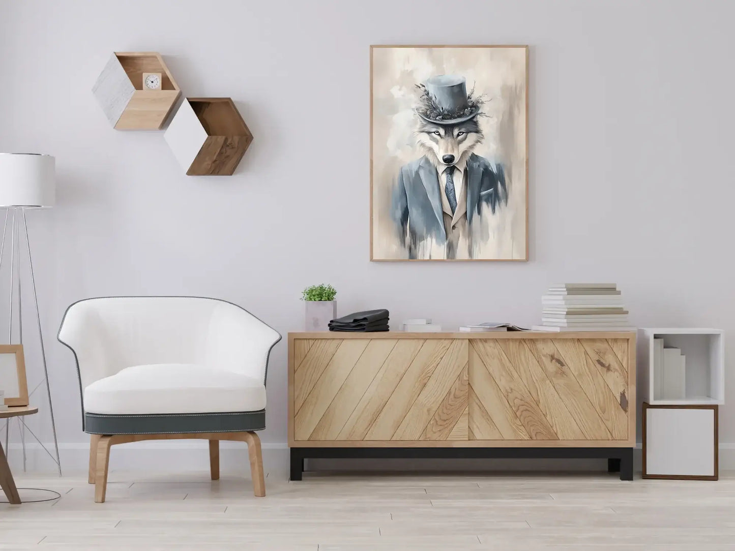 Ulv med stil – moderne dyrekunst i stue med elegant interiør – moderne veggkunst | KBentz.no