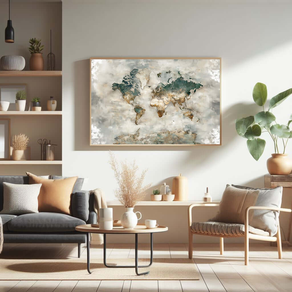 Artistic world map in tåkeblå tones, framed and displayed in a modern living room setting.