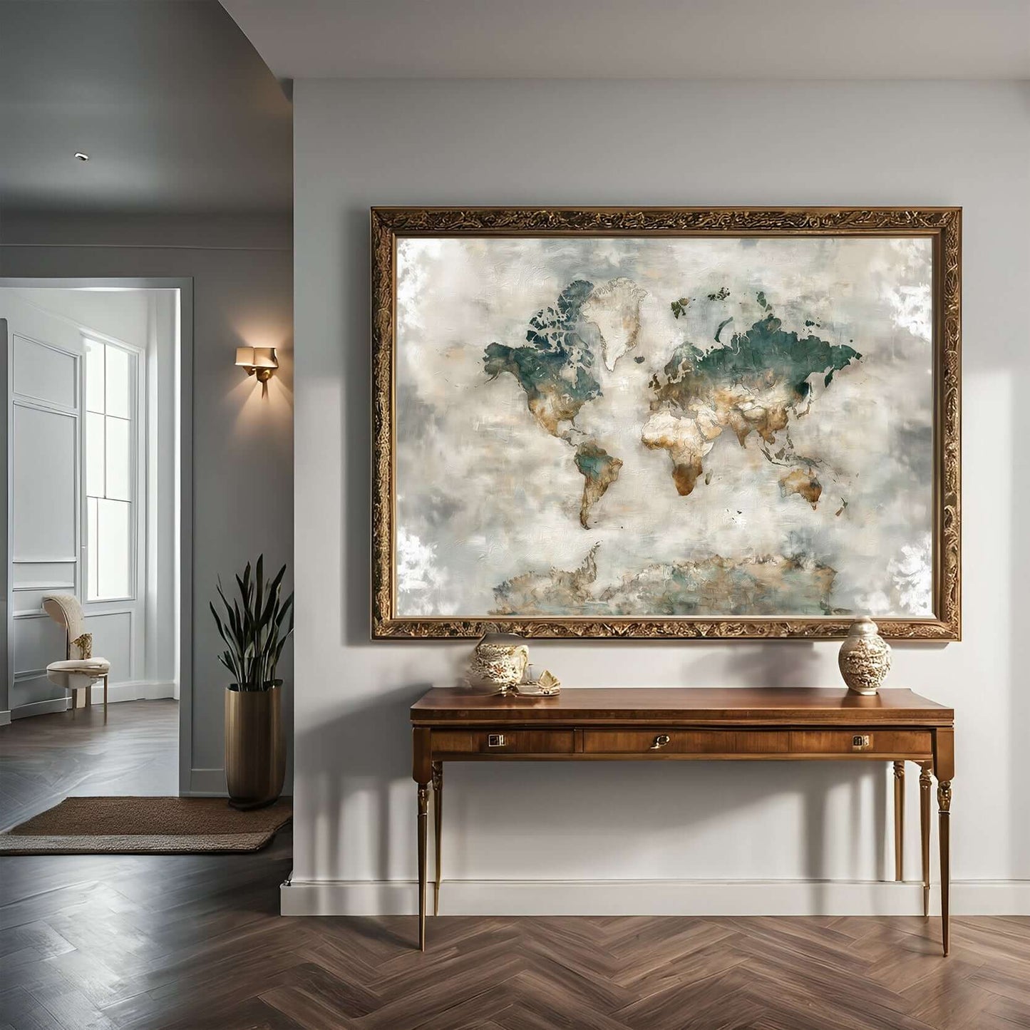 Artistic world map in fog blue tones, framed in gold, enhancing a modern room decor.