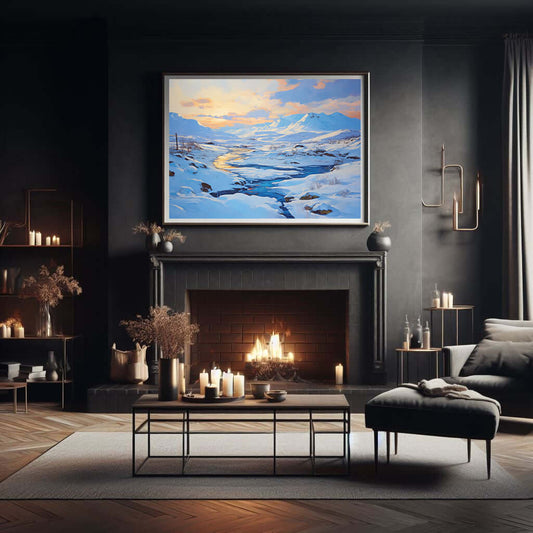 Vinterlys over Elven – KI digital oljemaling trykket på papir, lerret, aluminium, akryl og tre | KBentz.no