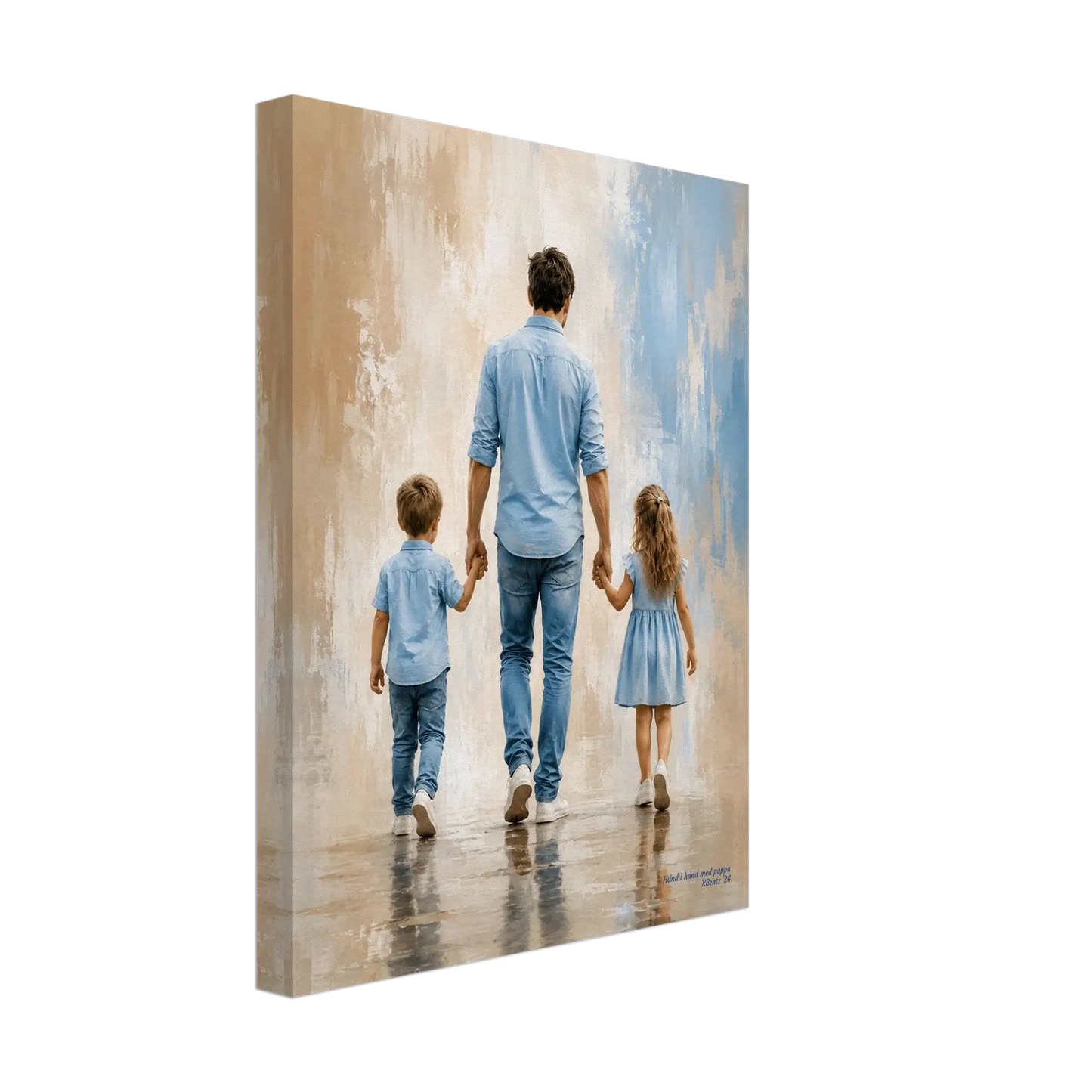 Hånd i hånd med pappa, AI-veggbilde av far som holder hender med sønn og datter – moderne veggkunst | KBentz.no