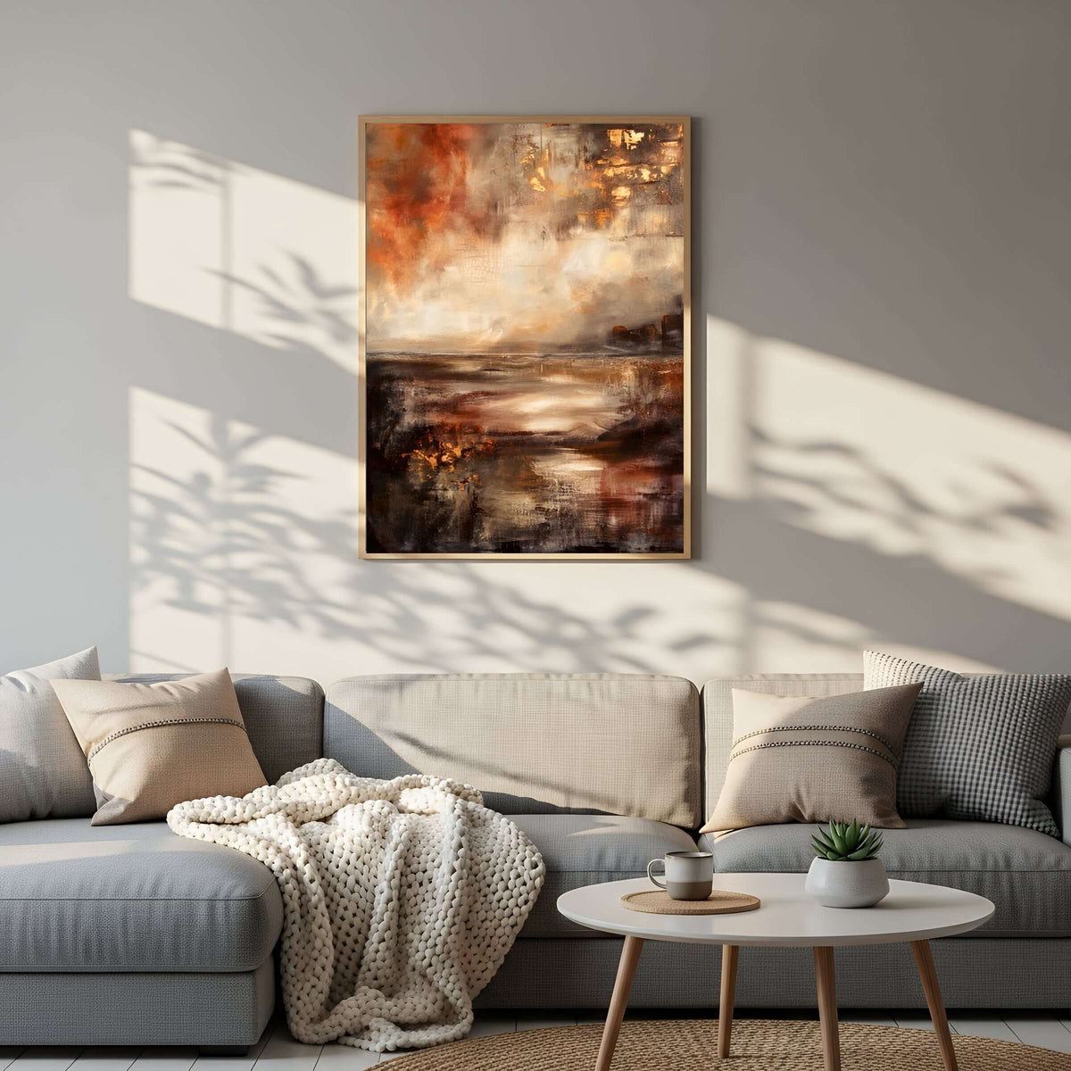 Glødende horisont veggbilde i varme kobbertoner over en sofa i et moderne rom. – moderne veggkunst | KBentz.no
