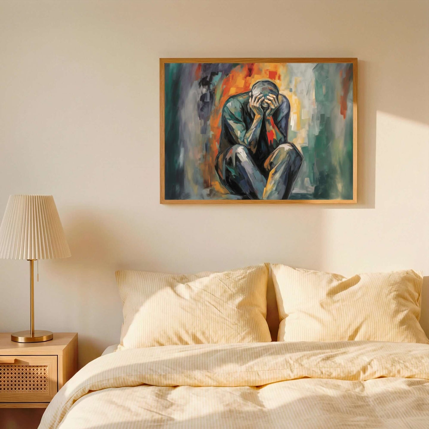 Stille sammenbrudd kunstverk som uttrykker sårbarhet og utmattelse i varme oransje og kjølige grønne toner. – moderne veggkunst | KBentz.no