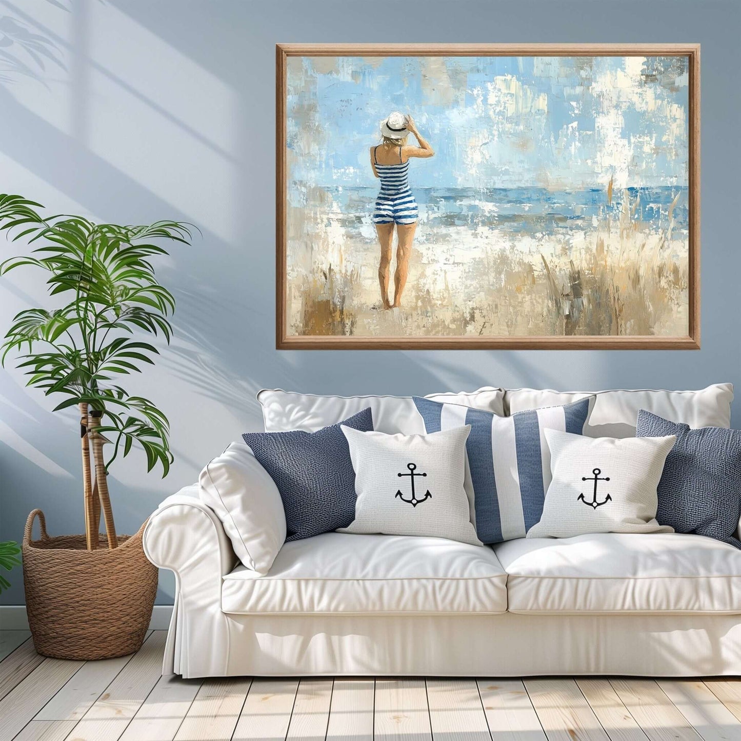 Blåtoner og Strandliv – KI digital oljemaling trykket på papir, lerret, aluminium, akryl og tre | KBentz.no – AI-generert kunst i digital oljemaling, trykk på papir eller lerret
