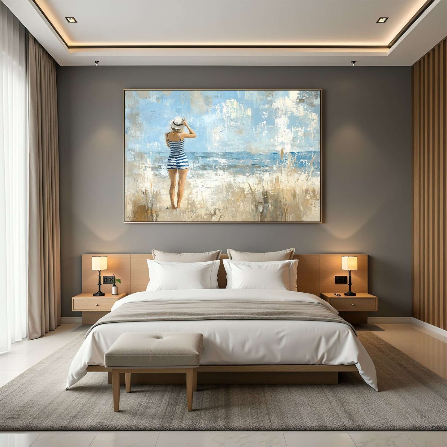 Blåtoner og Strandliv – KI digital oljemaling trykket på papir, lerret, aluminium, akryl og tre | KBentz.no – AI-generert kunst i digital oljemaling, trykk på papir eller lerret