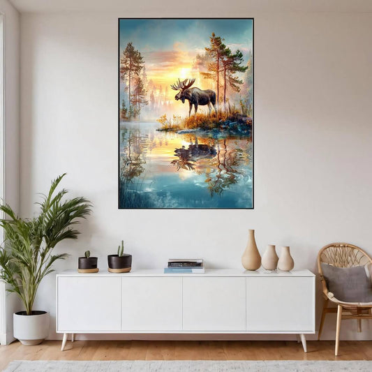 Elg og Solnedgang – KI digital oljemaling trykket på papir, lerret, aluminium, akryl og tre | KBentz.no