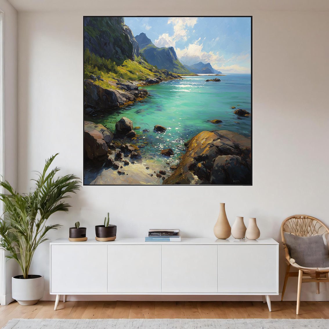 Fjordlandskap – KI digital oljemaling trykket på papir, lerret, aluminium, akryl og tre | KBentz.no