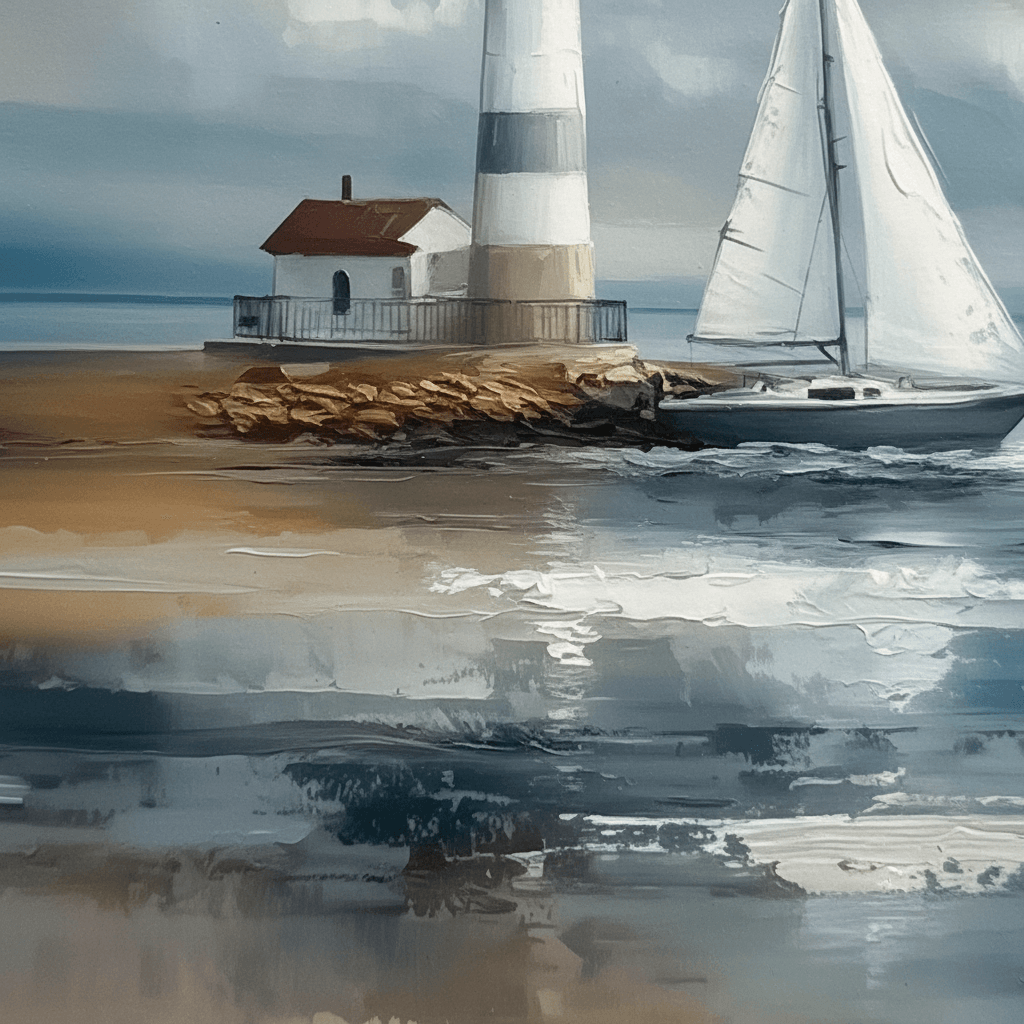 Fyrtårn og seilbåt - moderne digitalt maleri med oljemalingstekstur. Trykkes på papir, lerret og akryl. KBentz.no