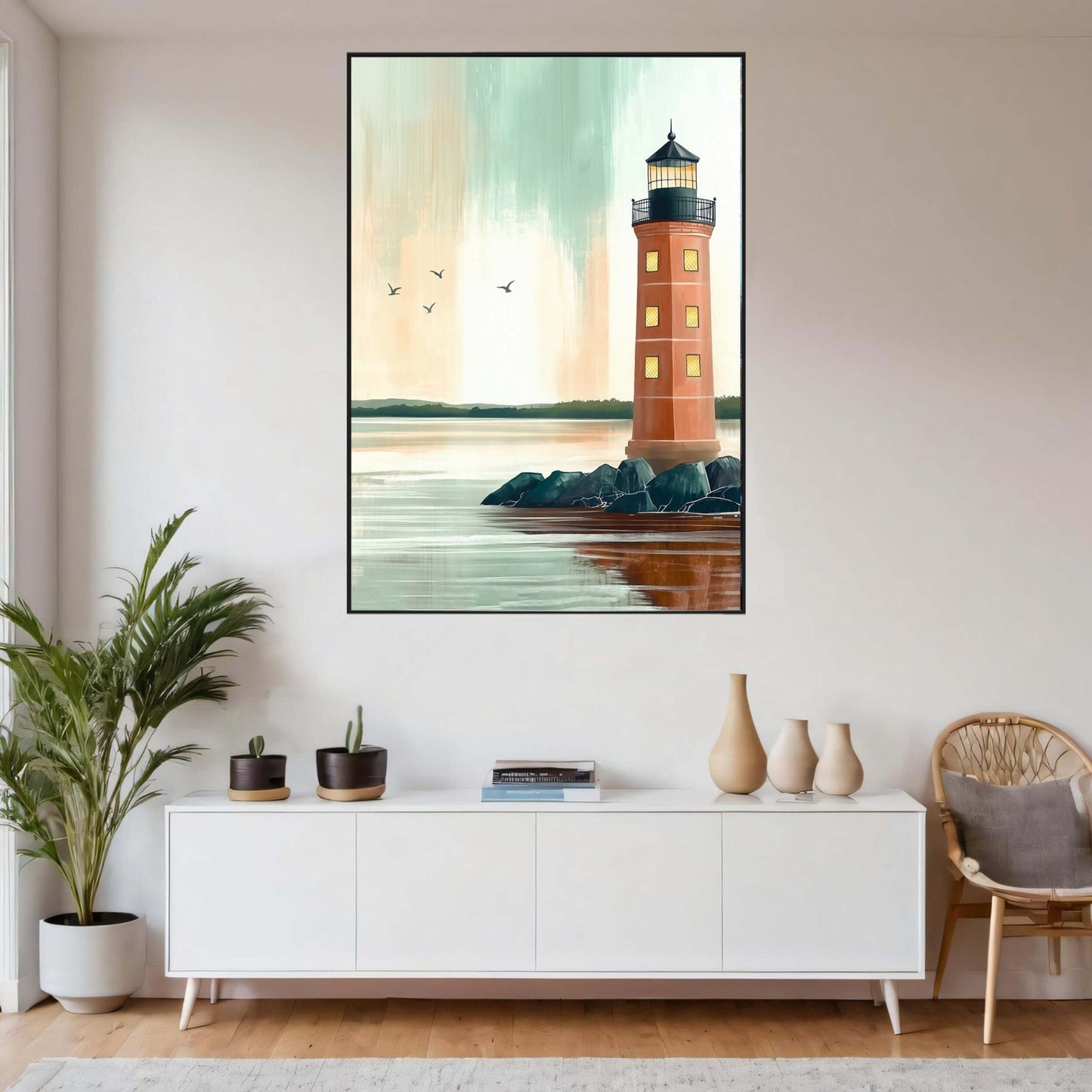 Fyrtårn ved havet – KI digital oljemaling trykket på papir, lerret, aluminium, akryl og tre | KBentz.no