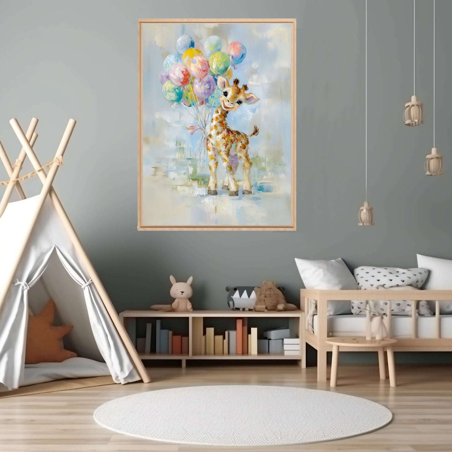 Glad giraff – KI digital oljemaling trykket på papir, lerret, aluminium, akryl og tre | KBentz.no