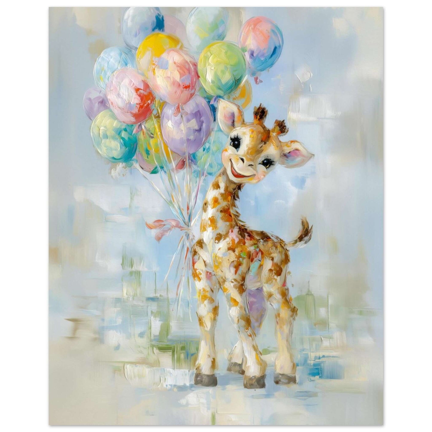 Glad giraff – KI digital oljemaling trykket på papir, lerret, aluminium, akryl og tre | KBentz.no