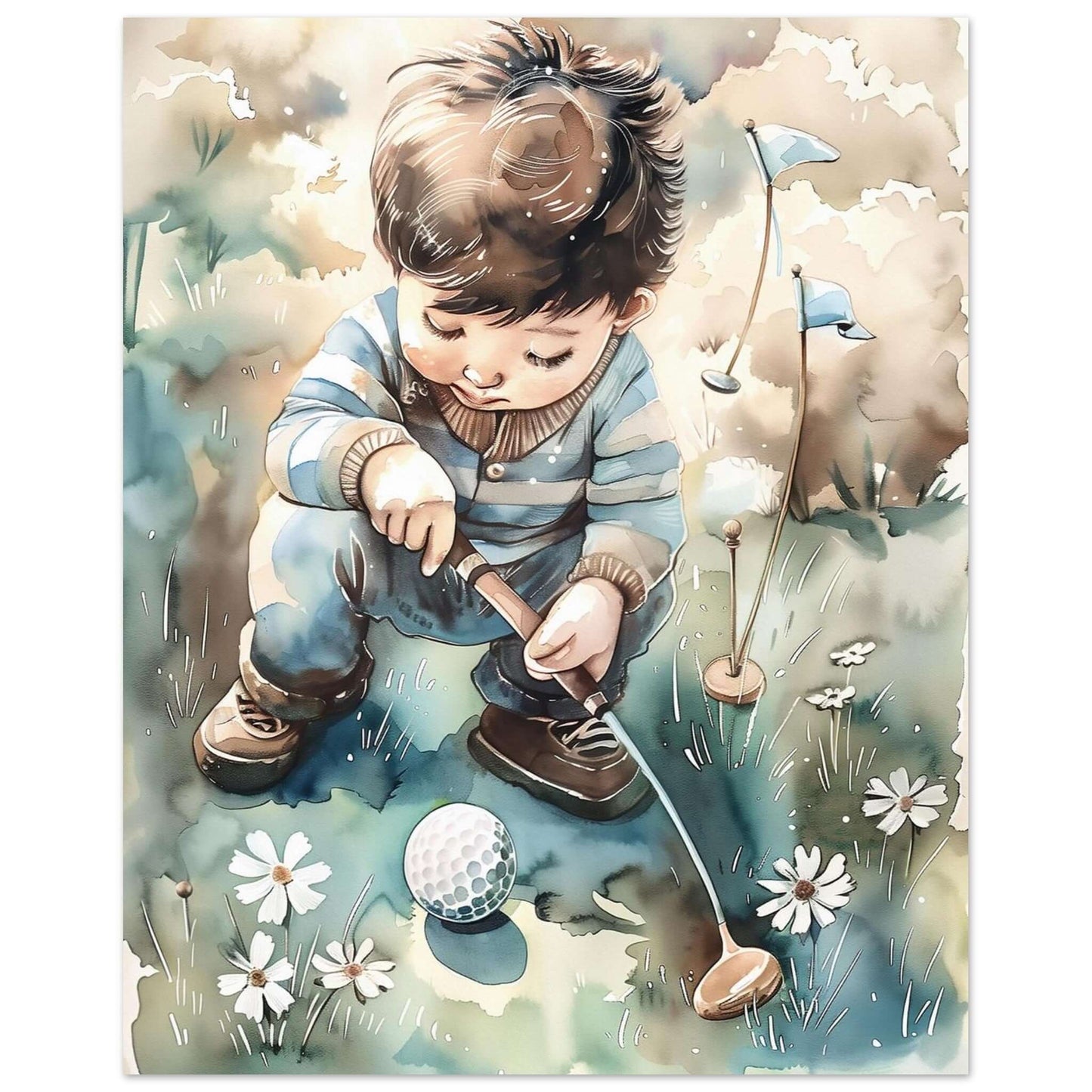 Golfdrøm i blomstereng – KI digital oljemaling trykket på papir, lerret, aluminium, akryl og tre | KBentz.no