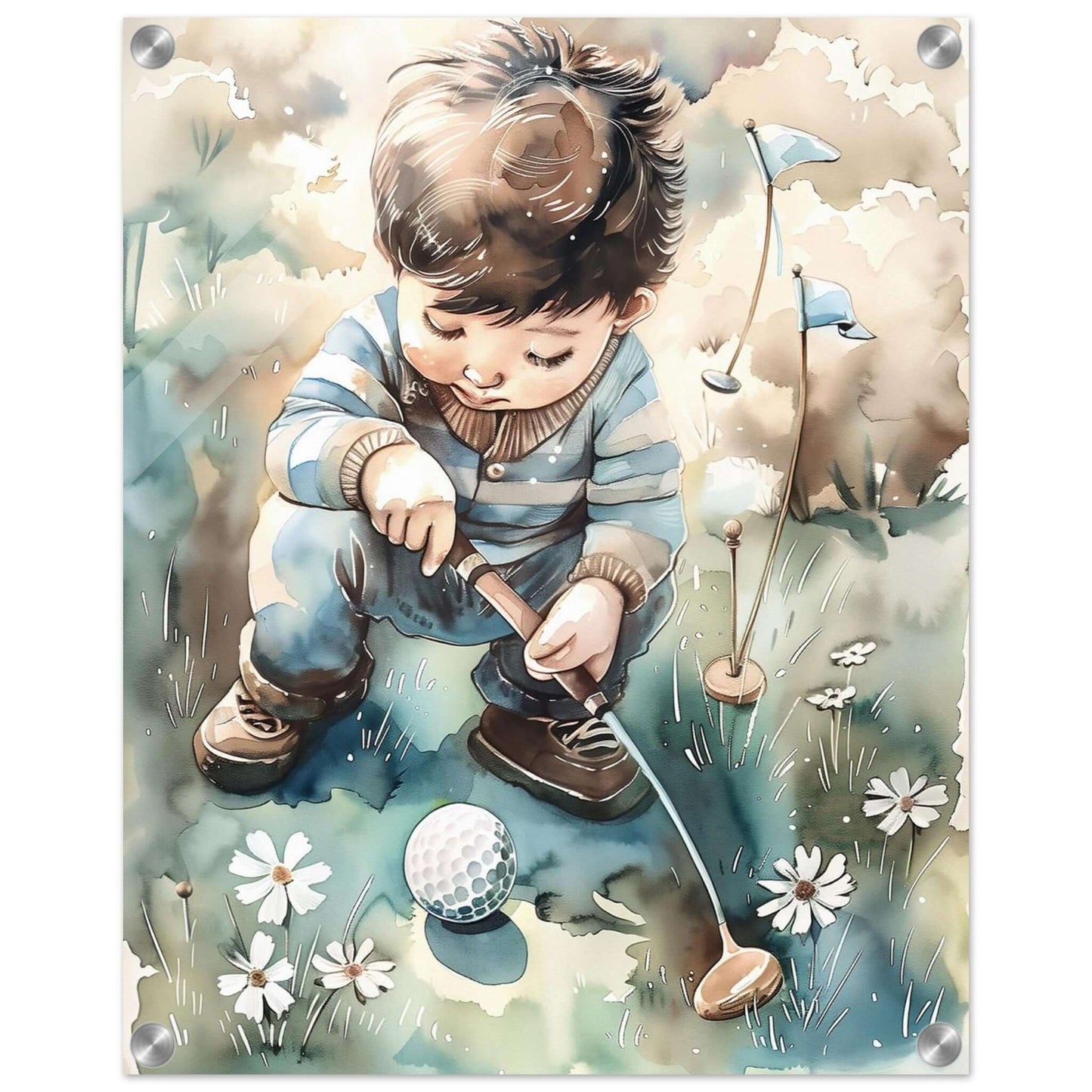 Golfdrøm i blomstereng – KI digital oljemaling trykket på papir, lerret, aluminium, akryl og tre | KBentz.no