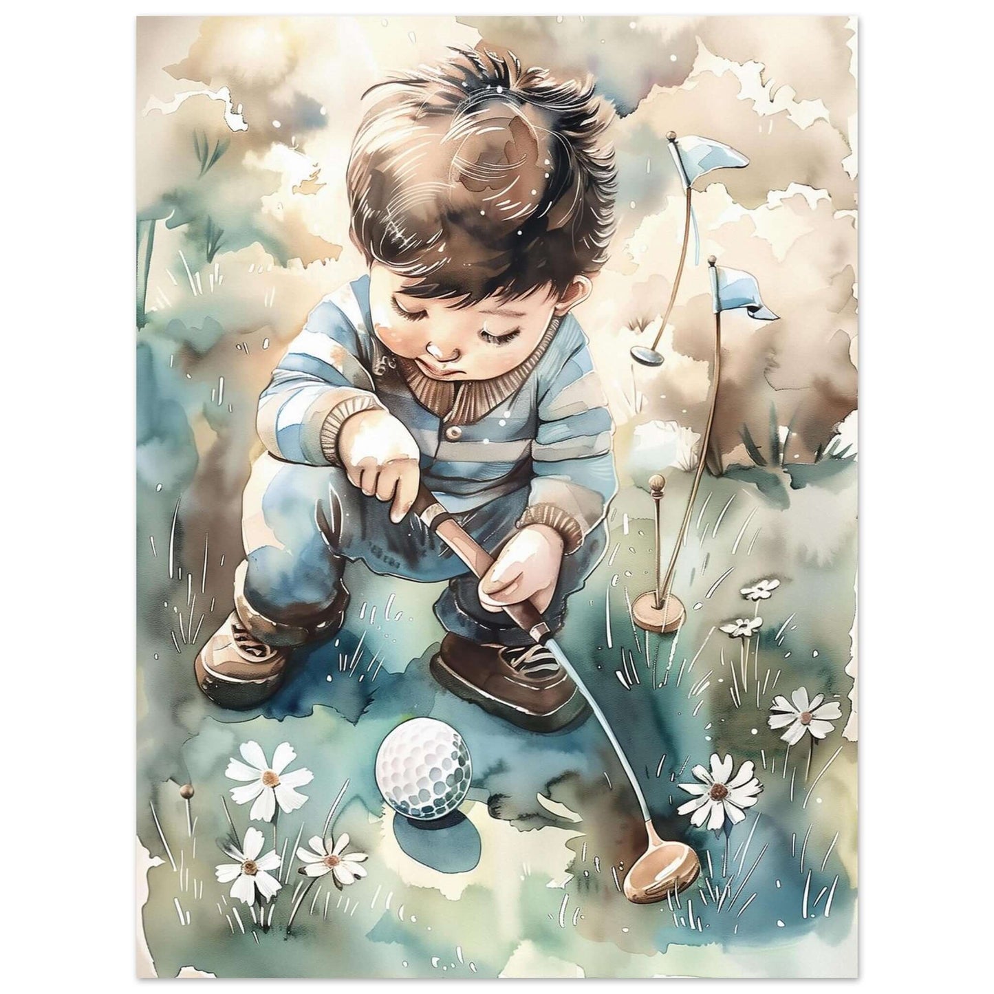 Golfdrøm i blomstereng – KI digital oljemaling trykket på papir, lerret, aluminium, akryl og tre | KBentz.no