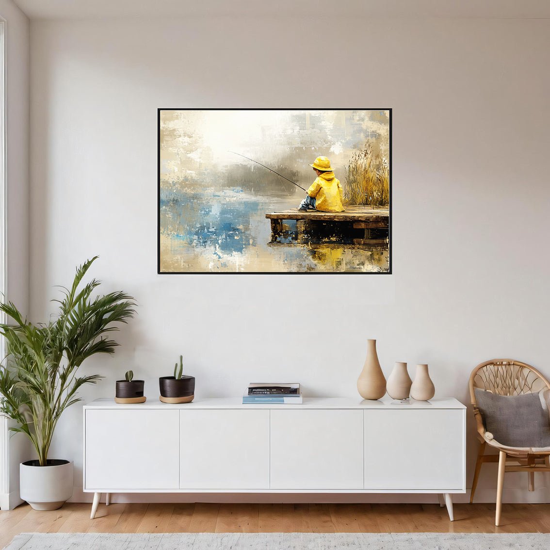 Gutt på fisketur – KI digital oljemaling trykket på papir, lerret, aluminium, akryl og tre | KBentz.no