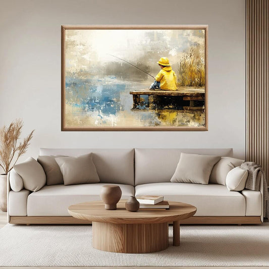 Gutt på fisketur – KI digital oljemaling trykket på papir, lerret, aluminium, akryl og tre | KBentz.no