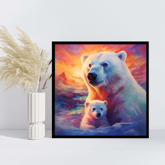 Isbjørnmor i soloppgang – KI digital oljemaling trykket på papir, lerret, aluminium, akryl og tre | KBentz.no