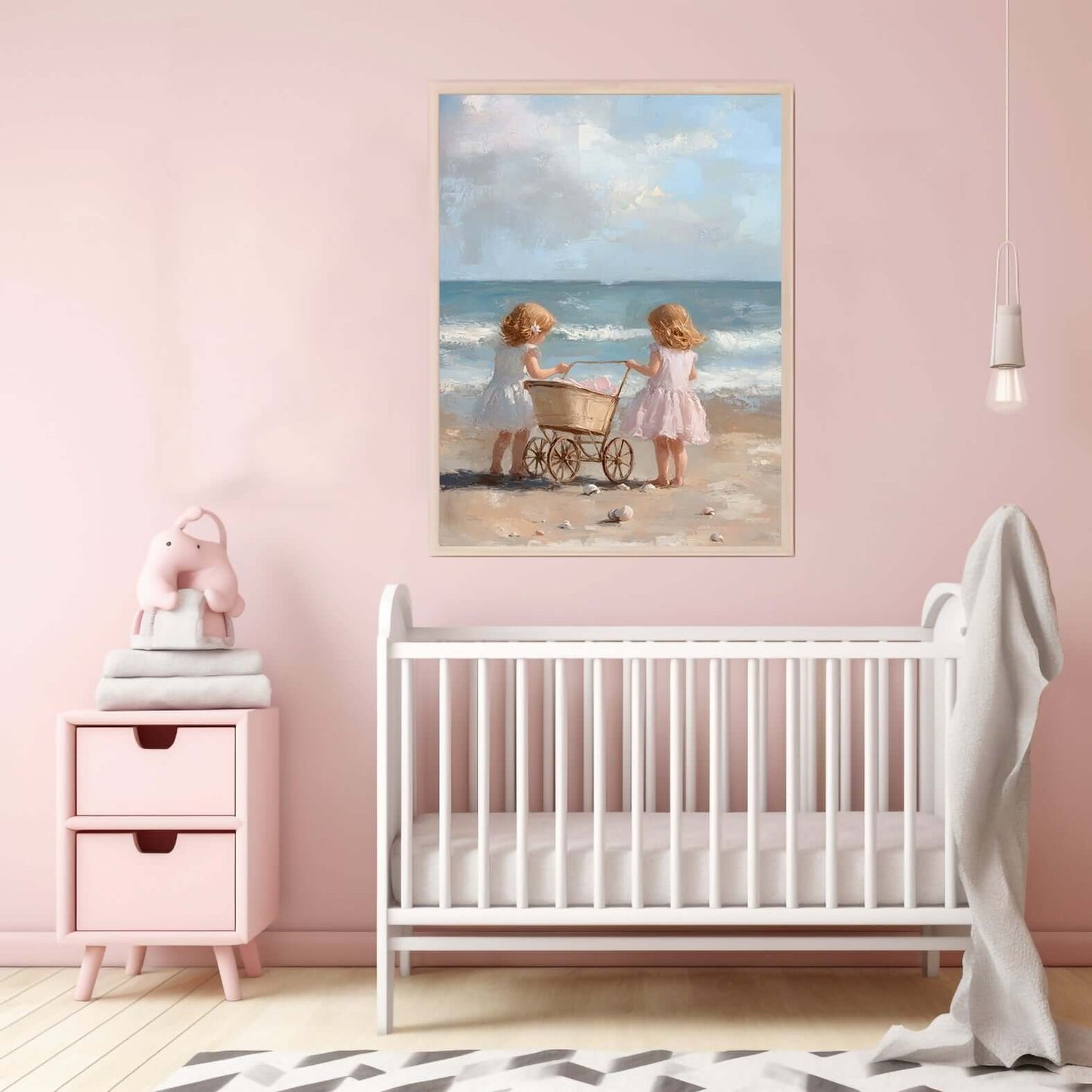 Søstre på stranden – KI digital oljemaling trykket på papir, lerret, aluminium, akryl og tre | KBentz.no