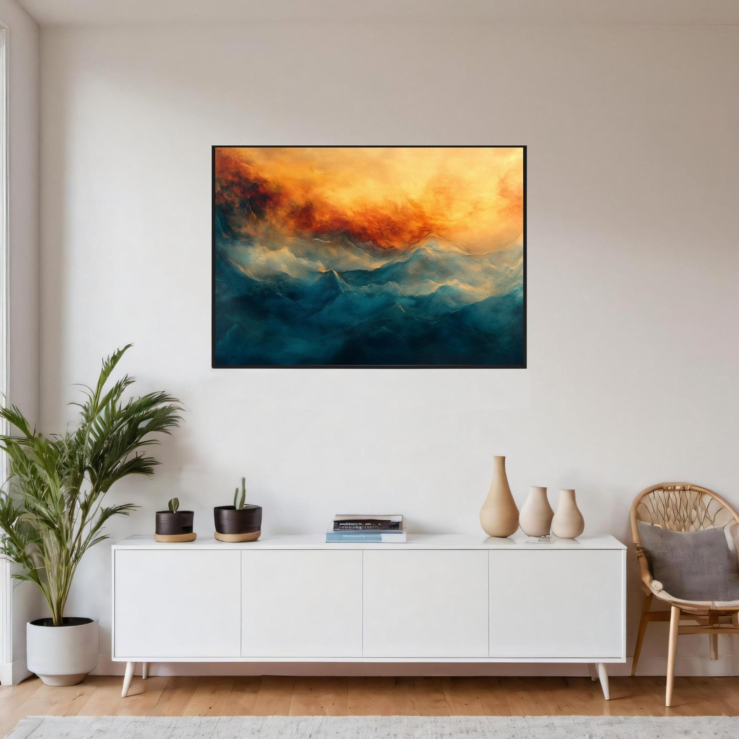 Storm i Solnedgang – KI digital oljemaling trykket på papir, lerret, aluminium, akryl og tre | KBentz.no