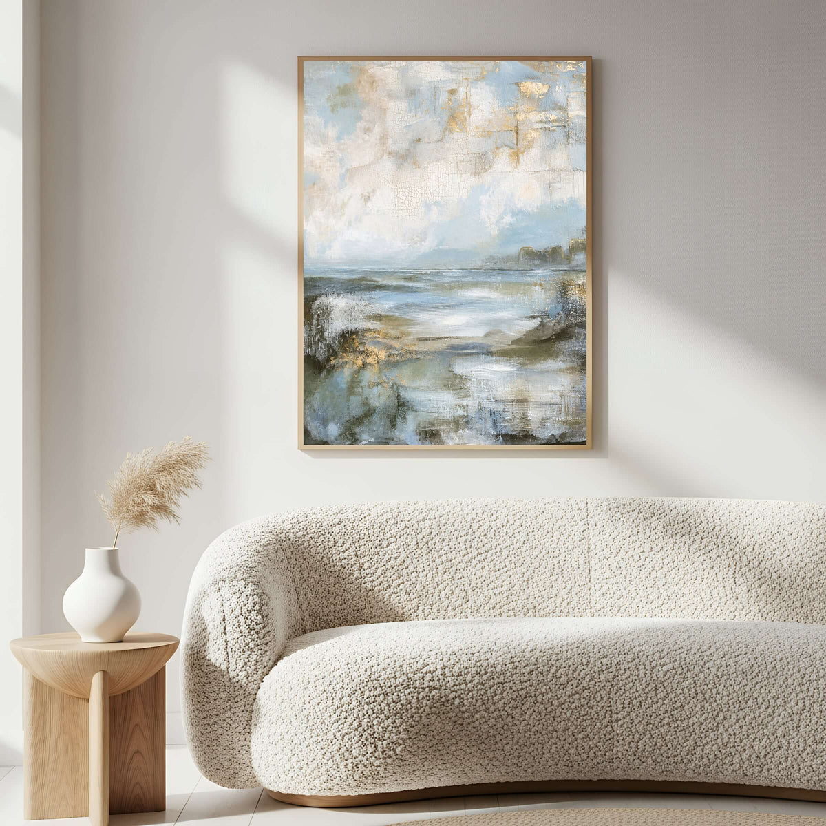 Himmelens speil, et abstrakt veggbilde i duse blåtoner og beige, med en fredelig himmel og vannrefleksjoner.