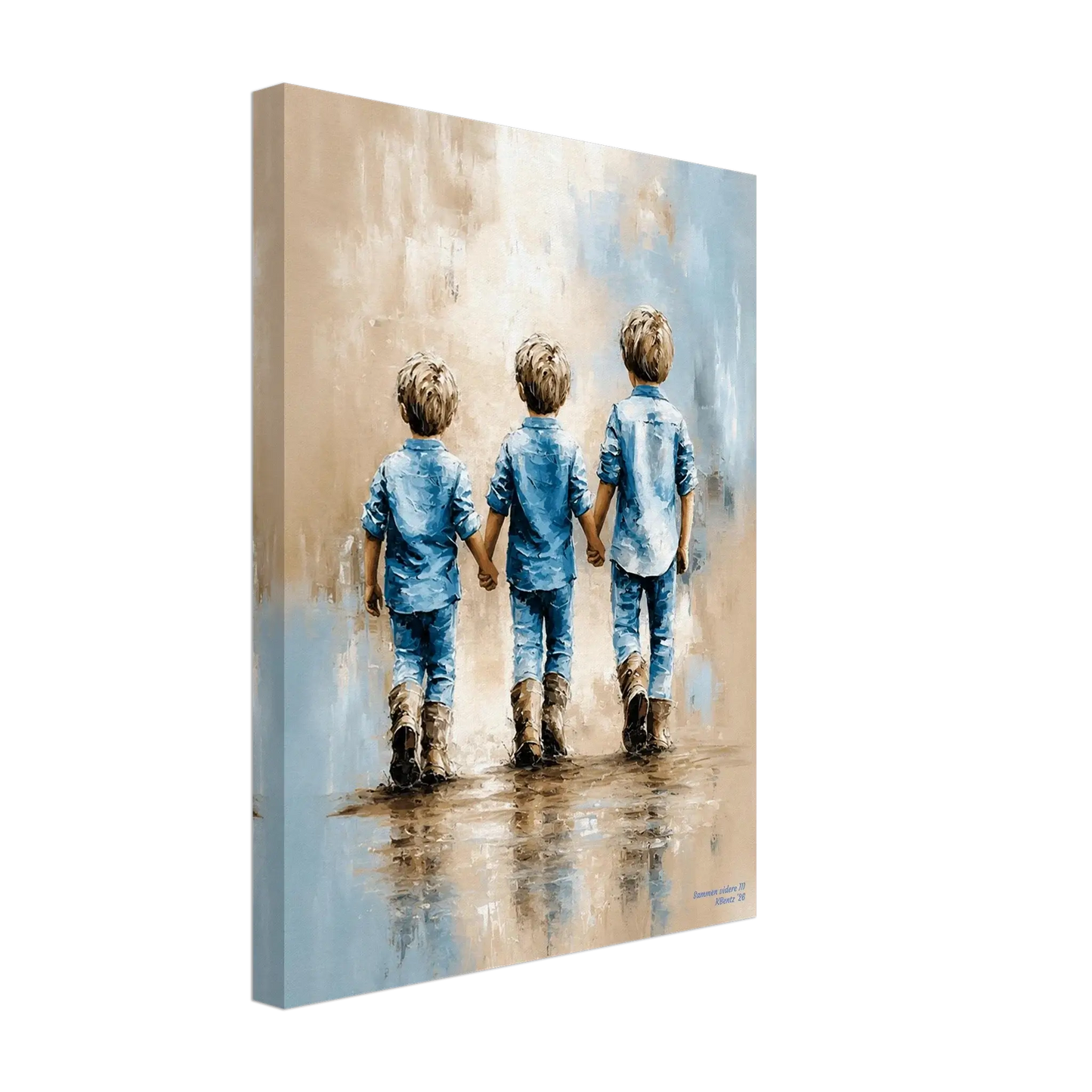 Sammen Videre III – tre brødre hånd i hånd i blåtoner | KBentz – moderne veggkunst | KBentz.no