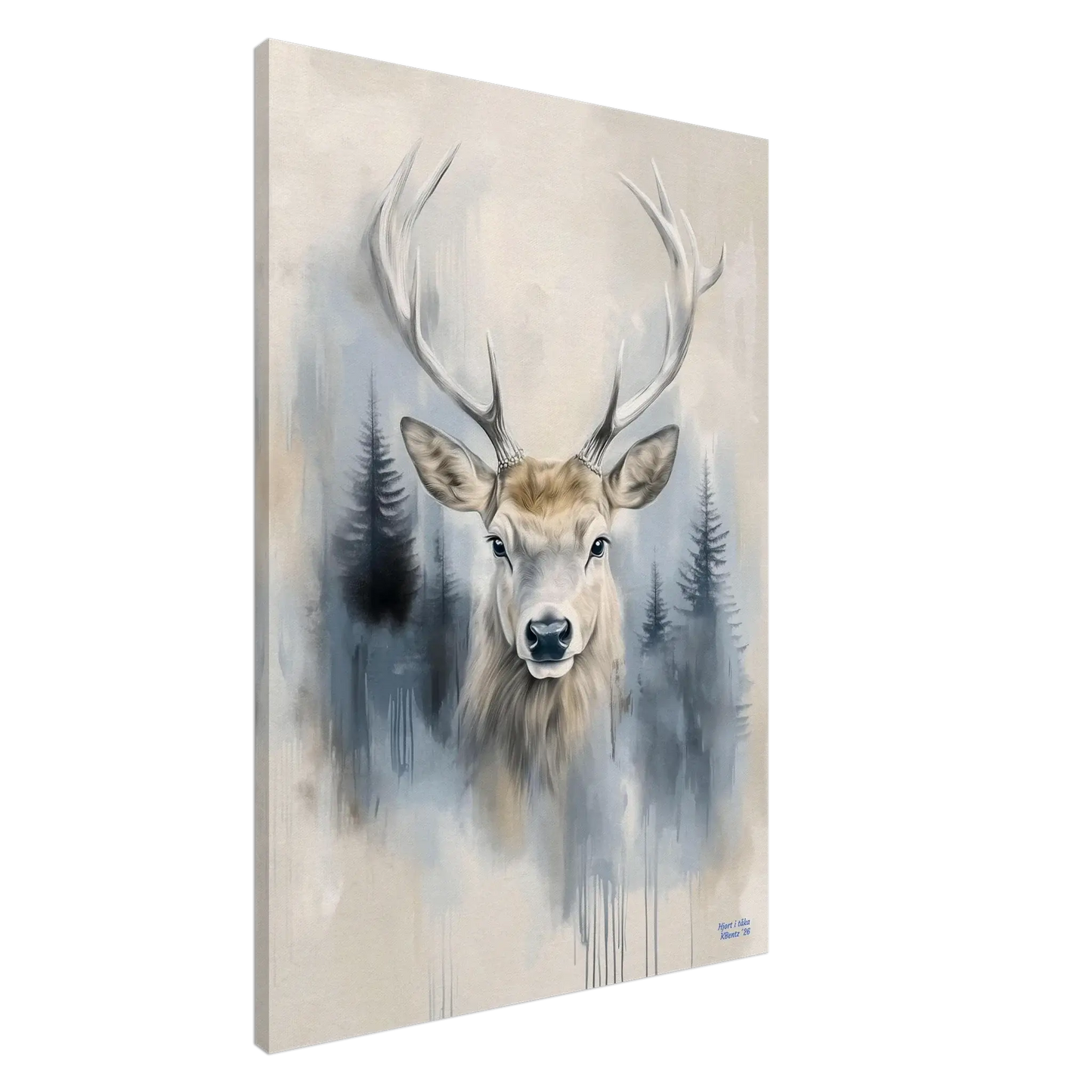 Hjort i tåka - moderne digitalt maleri med oljemalingstekstur. Trykkes på papir, lerret og akryl. KBentz.no