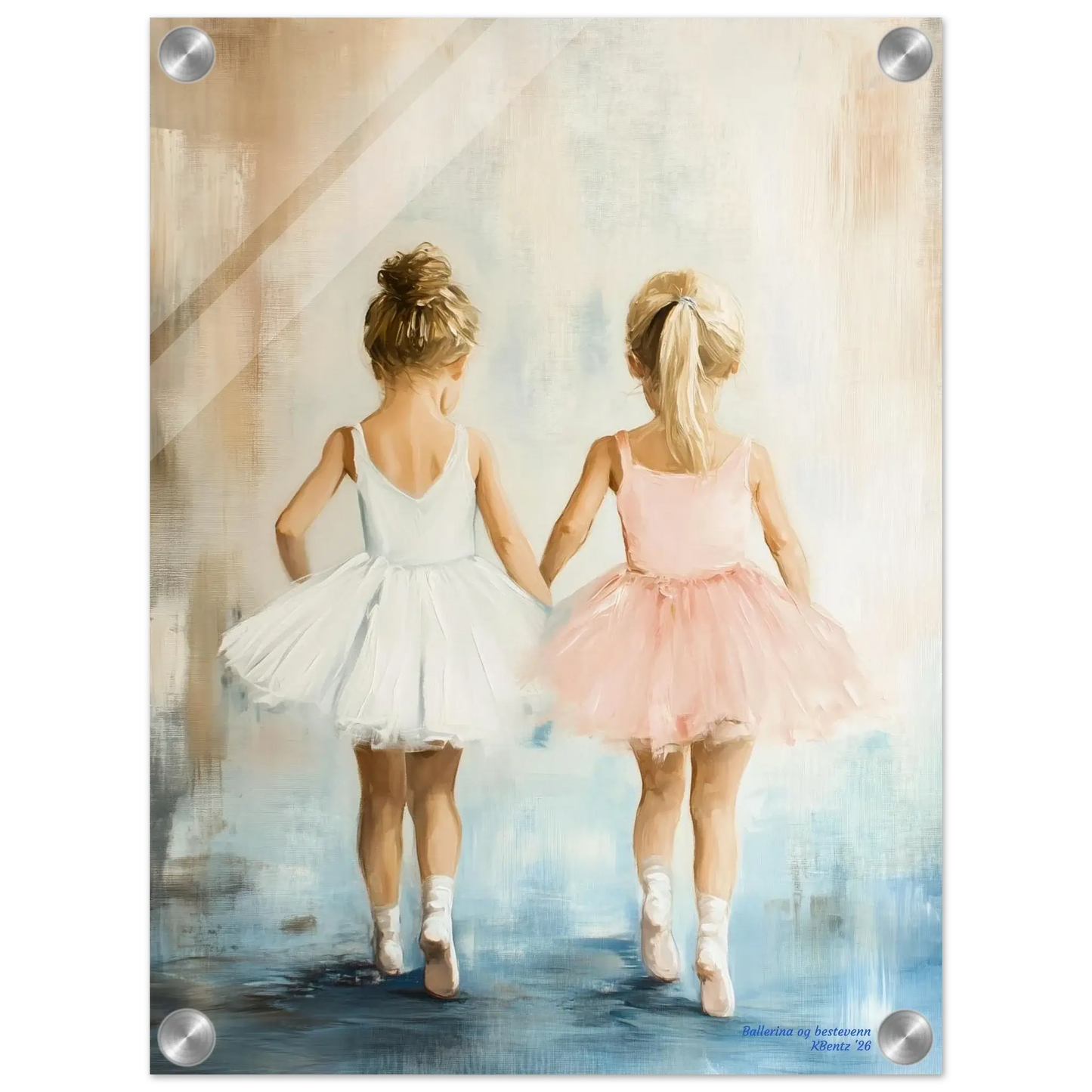 Ballerina og bestevenn – To små ballerinaer i hvit og rosa tutu som går sammen i et elegant og harmonisk digitalt maleri. – moderne veggkunst | KBentz.no