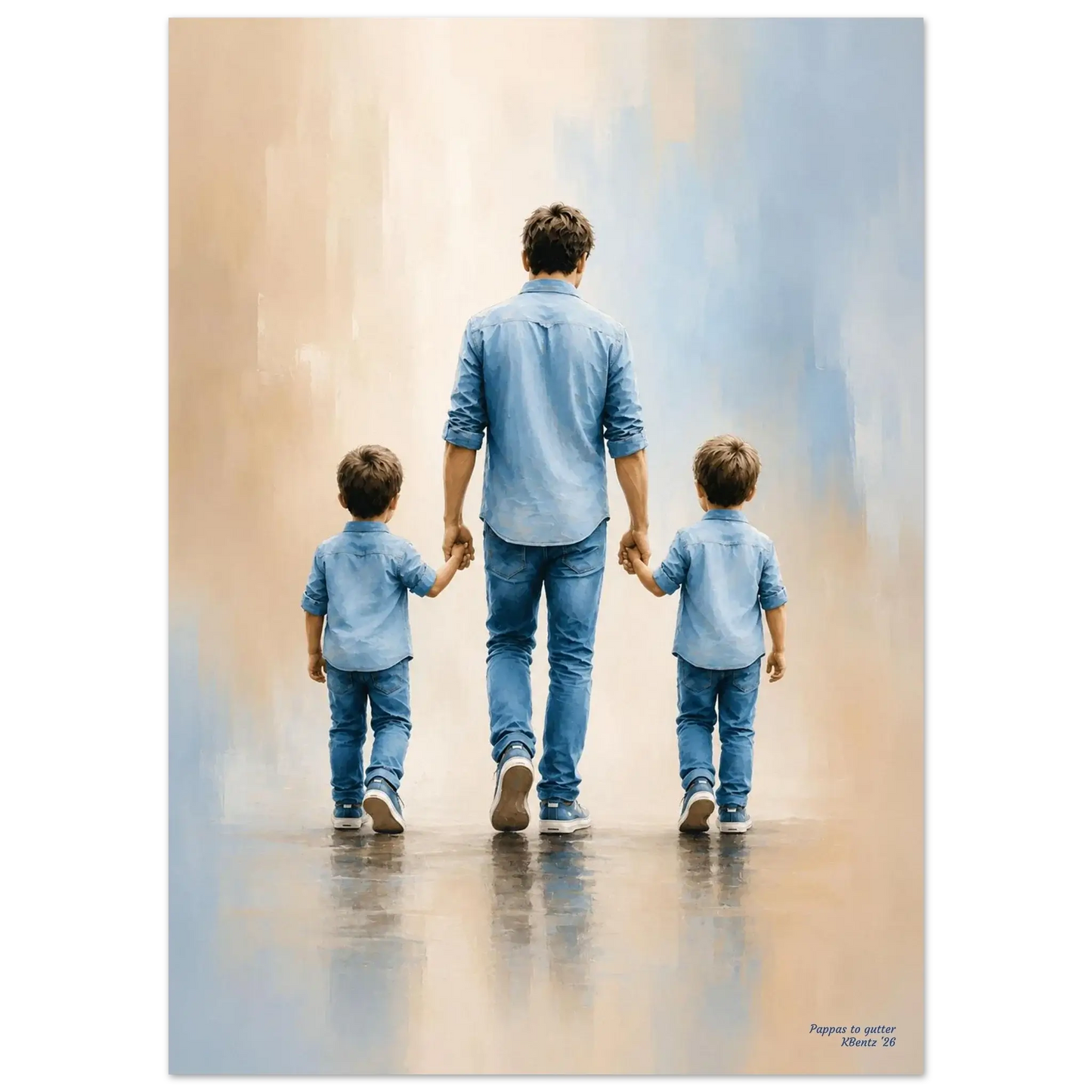 Pappas to gutter, AI-veggbilde av en far som holder hendene til sine to sønner på vei mot fremtiden. – moderne veggkunst | KBentz.no