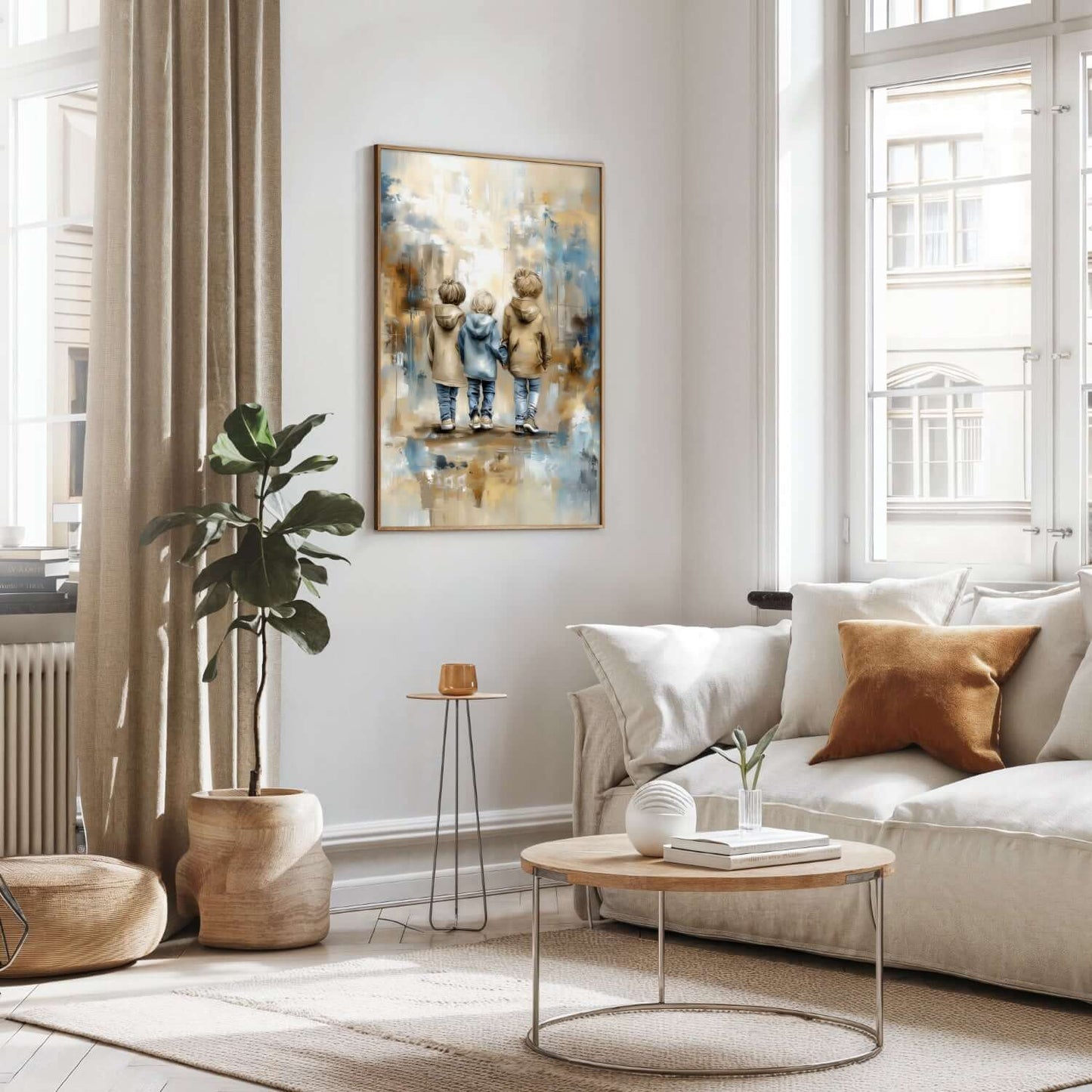 Tre Brødre kunstmotiv henger på en vegg i et moderne rom med lys innredning og plante. – moderne veggkunst | KBentz.no