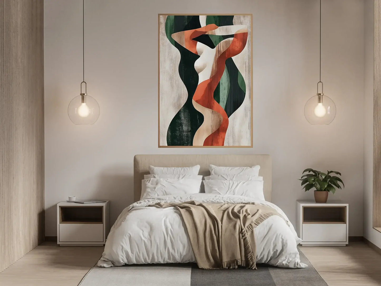 Bilde av 'Former i balanse' abstrakt kunstverk i moderne soverom med belysning. – moderne veggkunst | KBentz.no