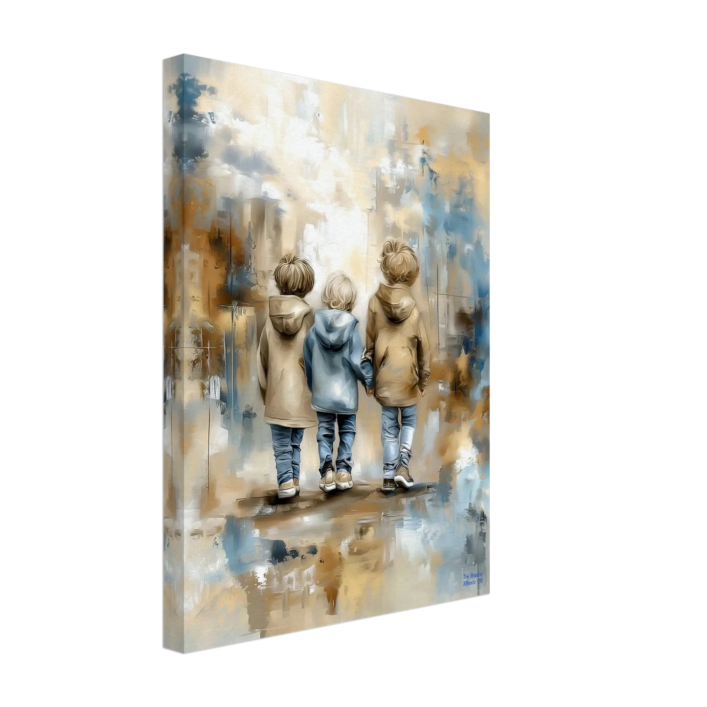 Tre Brødre kunstverk av tre små gutter i beige og blå toner, som symboliserer samhold og trygghet. – moderne veggkunst | KBentz.no