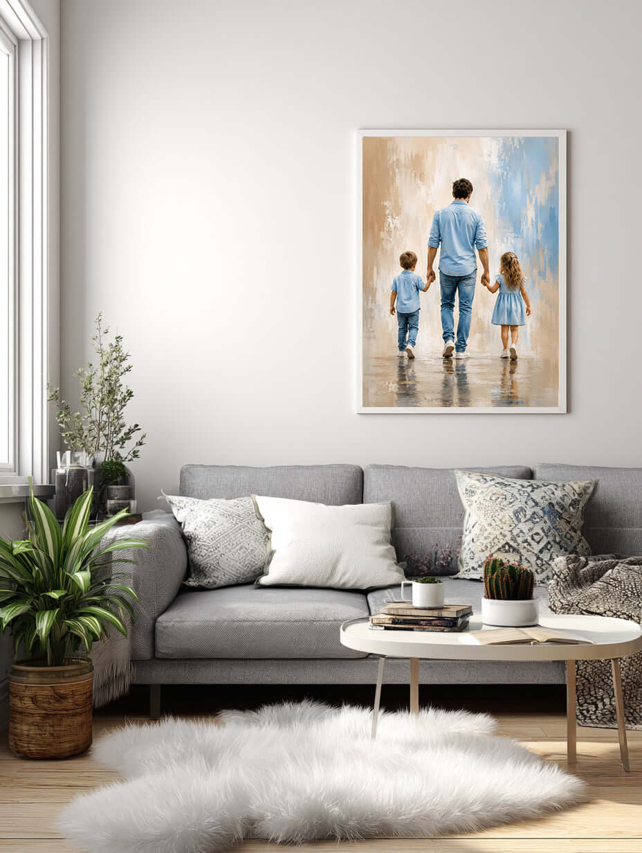 Hånd i hånd med pappa, veggbilde av far som går med sønn og datter, interiørdesign med moderne møbler. – moderne veggkunst | KBentz.no