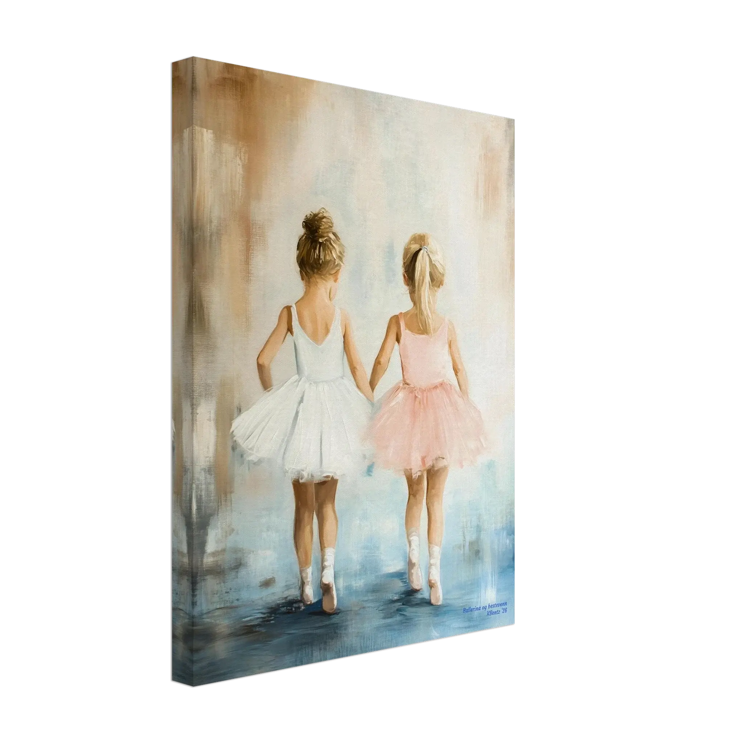 Ballerina og bestevenn - to ballerinaer i hvite og rosa kjoler holder hender, digitale maleri med oljemalingstekstur. – moderne veggkunst | KBentz.no
