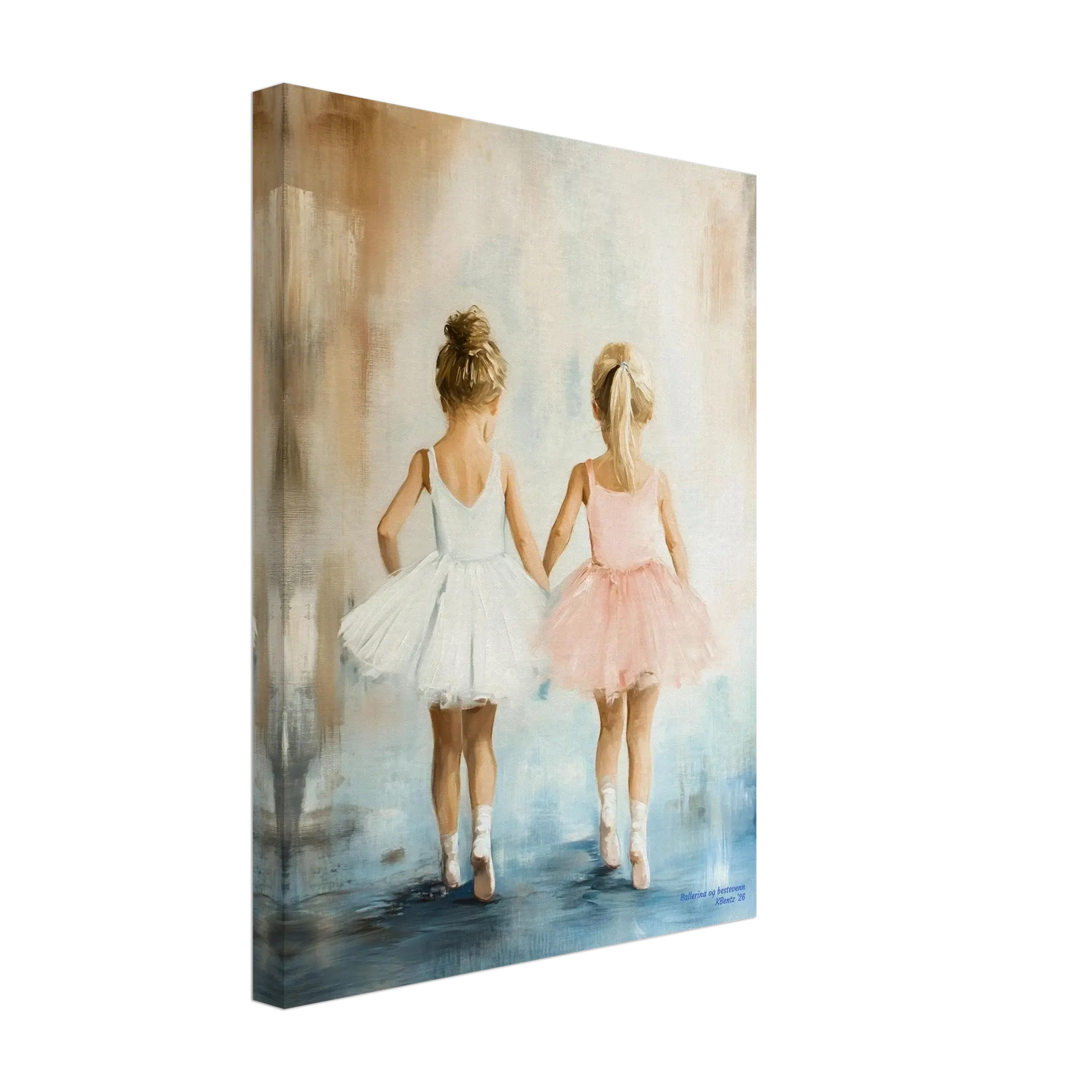 Ballerina og bestevenn - to ballerinaer i hvite og rosa kjoler holder hender, digitale maleri med oljemalingstekstur.
