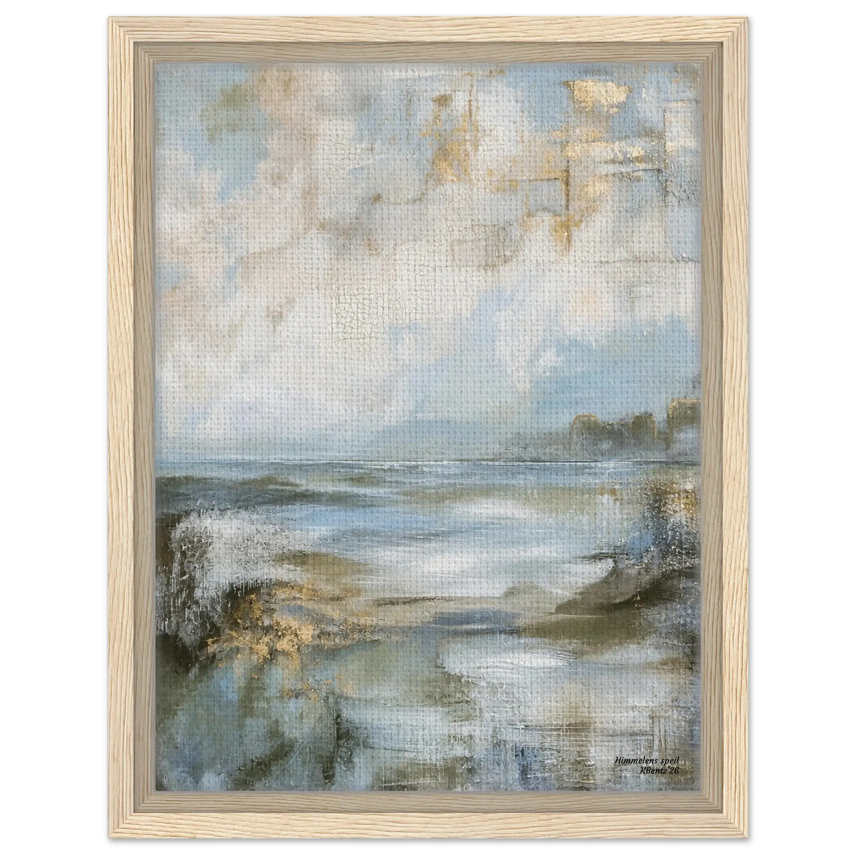 Himmelens speil, et abstrakt veggbilde med blåtoner, beige og grånyanser, som fremstiller en fredelig himmel og vannflate. – moderne veggkunst | KBentz.no