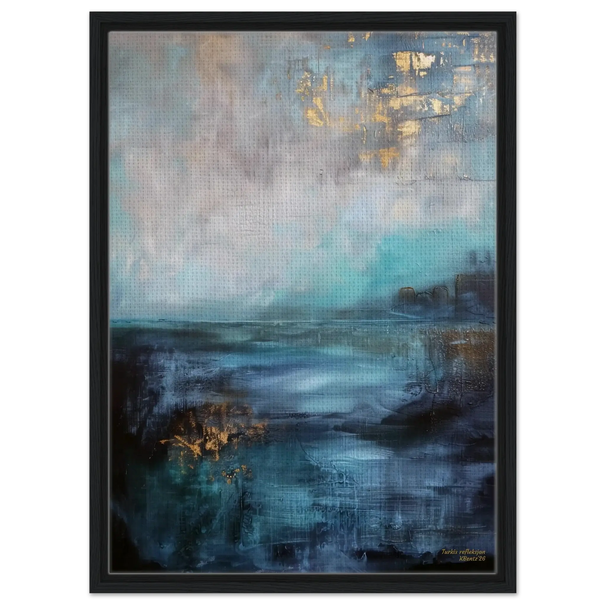 Turkis refleksjon, et abstrakt veggbilde med turkise nyanser, dype blåtoner og myke farger, inspirert av havet. – moderne veggkunst | KBentz.no