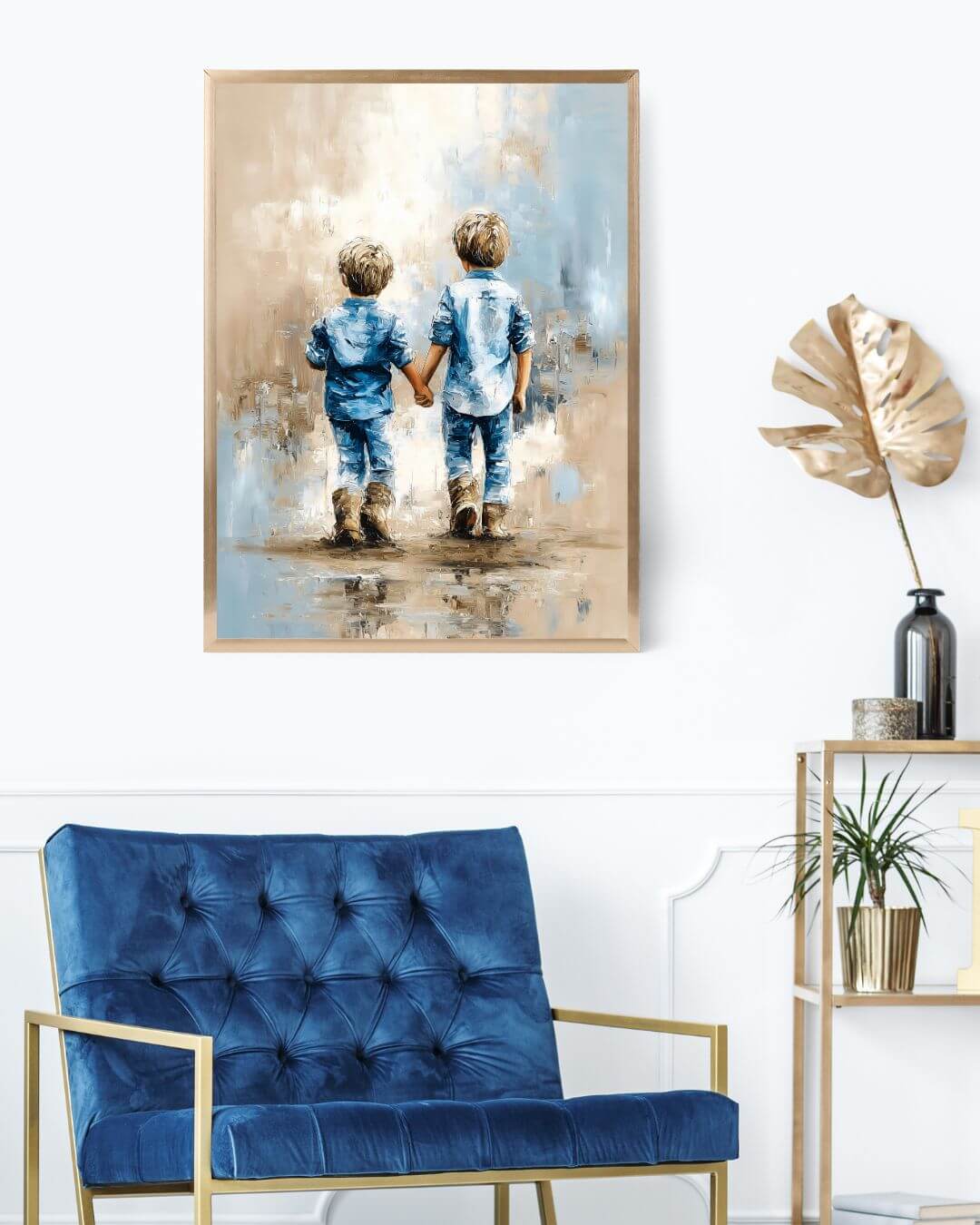 Sammen videre II, et digitalt maleri av to barn som holder hender, elegant og harmonisk veggkunst.