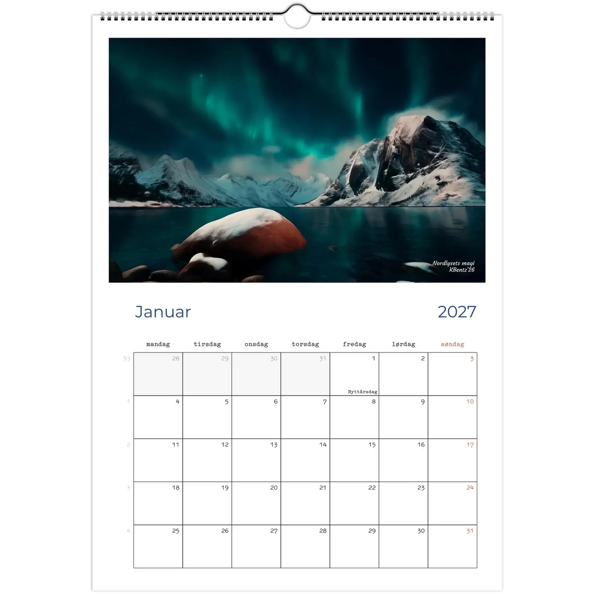 Øyeblikk som varer kunstkalender 2027 - Januar med motiv av natur og fjell.