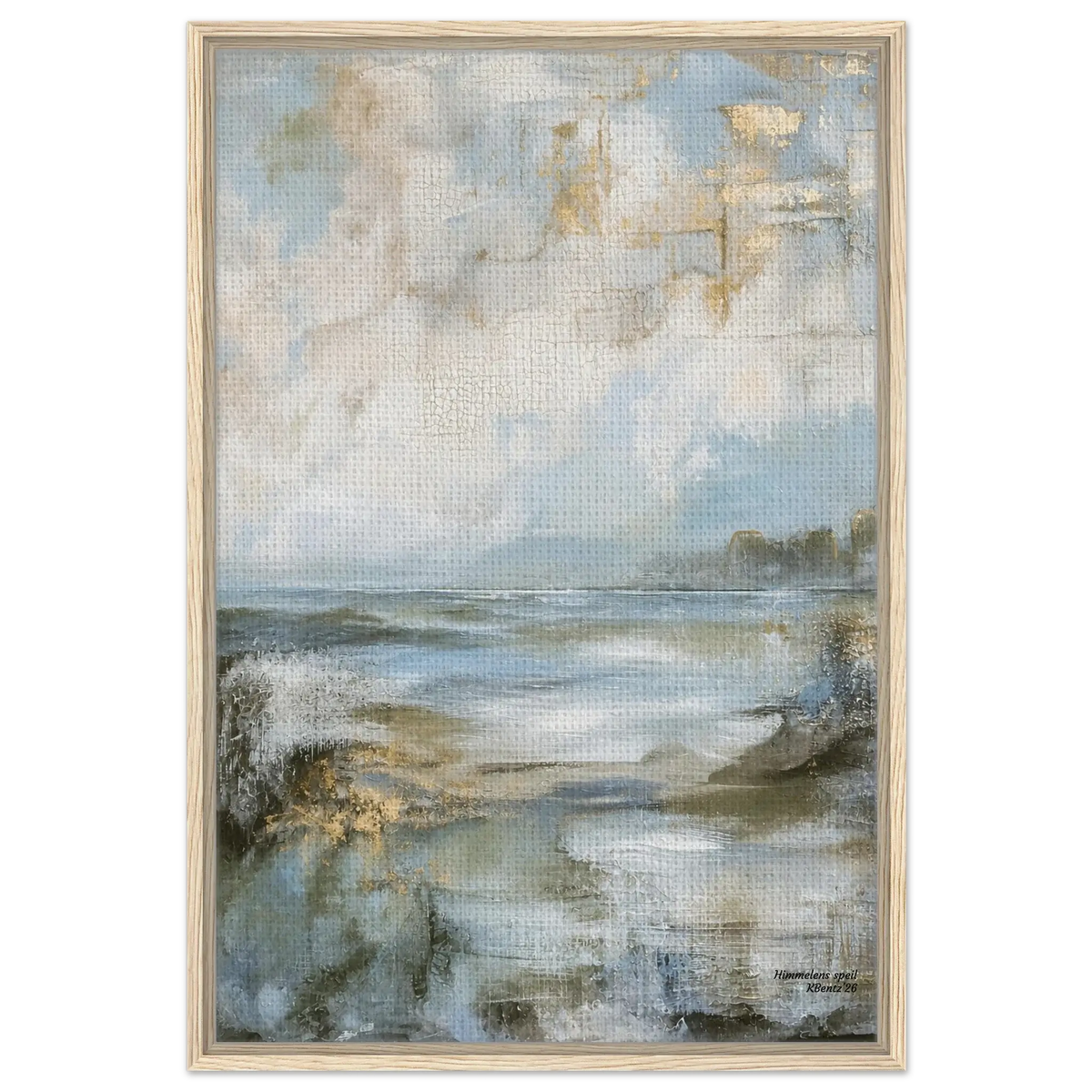 Himmelens speil, et abstrakt veggbilde i duse blåtoner og beige, med en fredelig himmel og vannrefleksjoner. – moderne veggkunst | KBentz.no