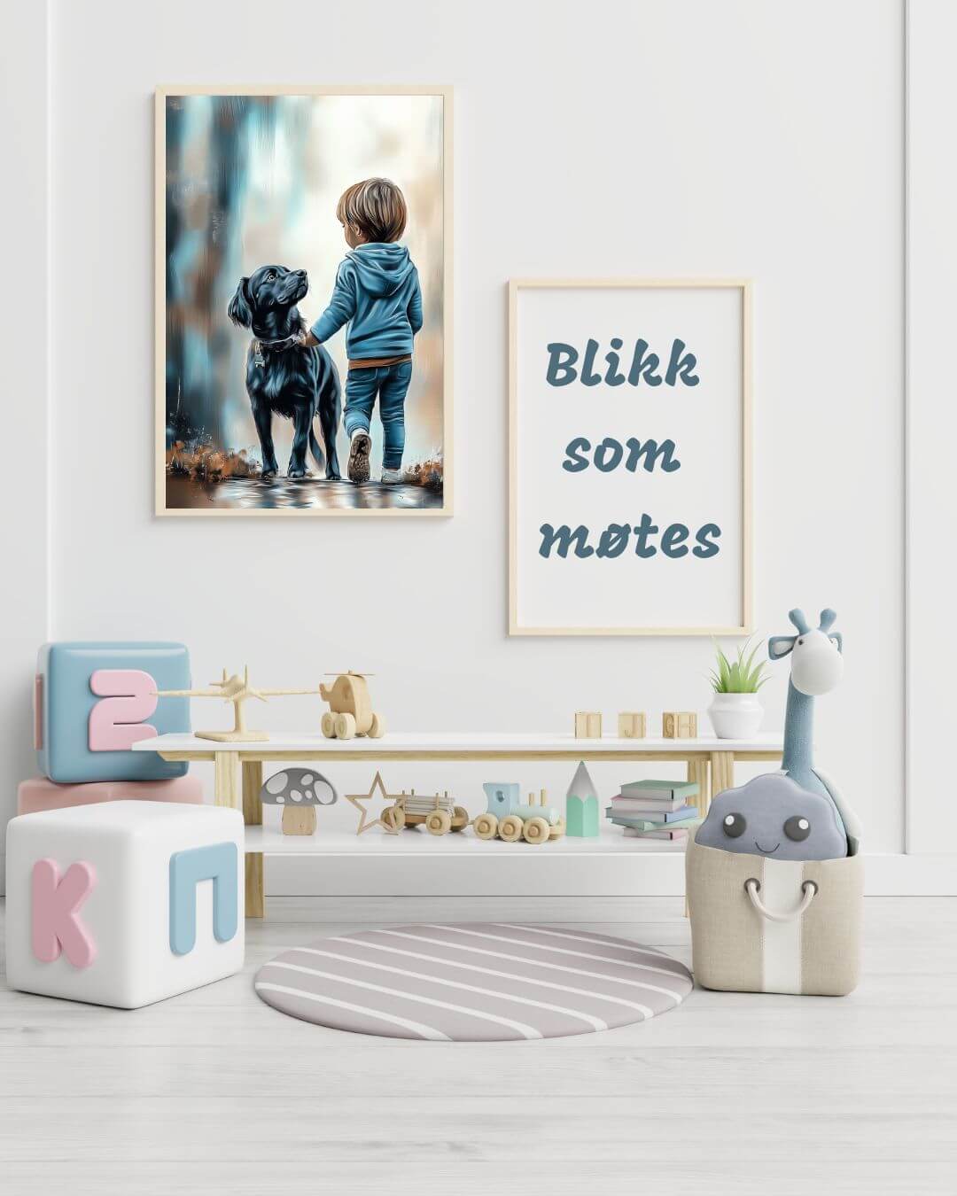 Interiørbilde med digitalt maleri 'Blikk som møtes' av barn og hund som symboliserer vennskap.