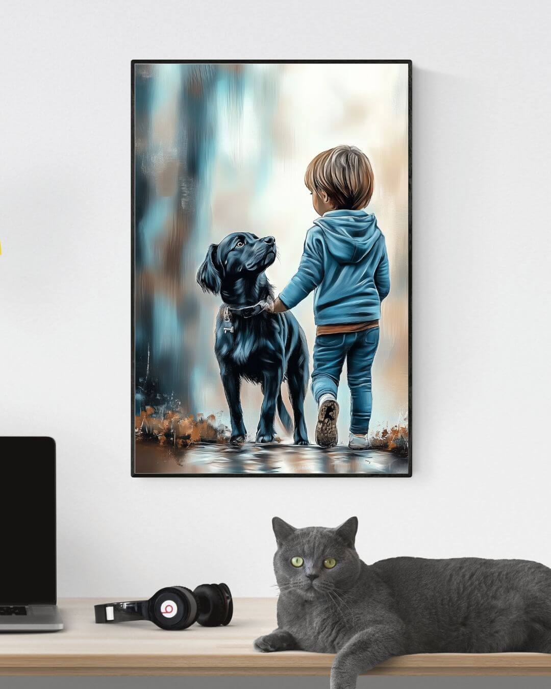 Blikk som møtes – digitalt maleri av barn og hund, som formidler trygghet og vennskap, med oljemalingstekstur.
