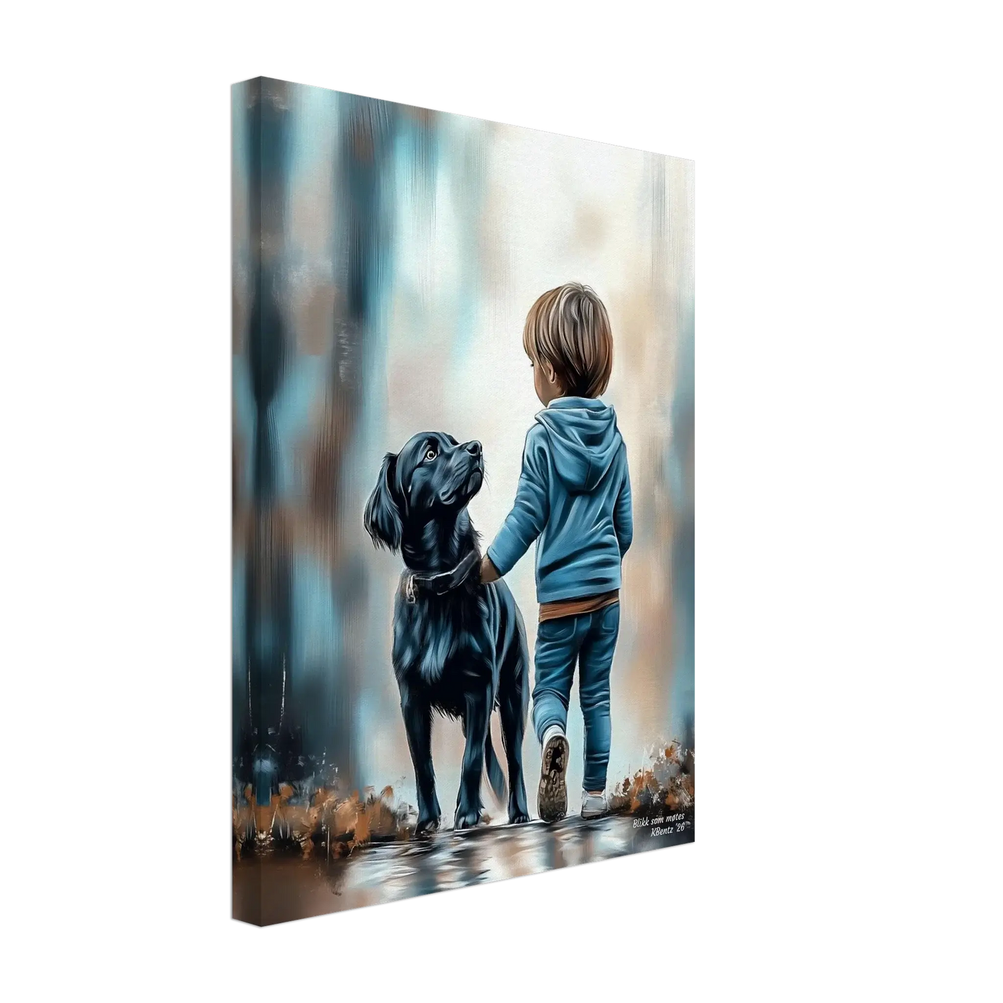 Blikk som møtes – digitalt maleri av barn og hund som deler et stille øyeblikk, utstråler lojalitet og vennskap. – moderne veggkunst | KBentz.no