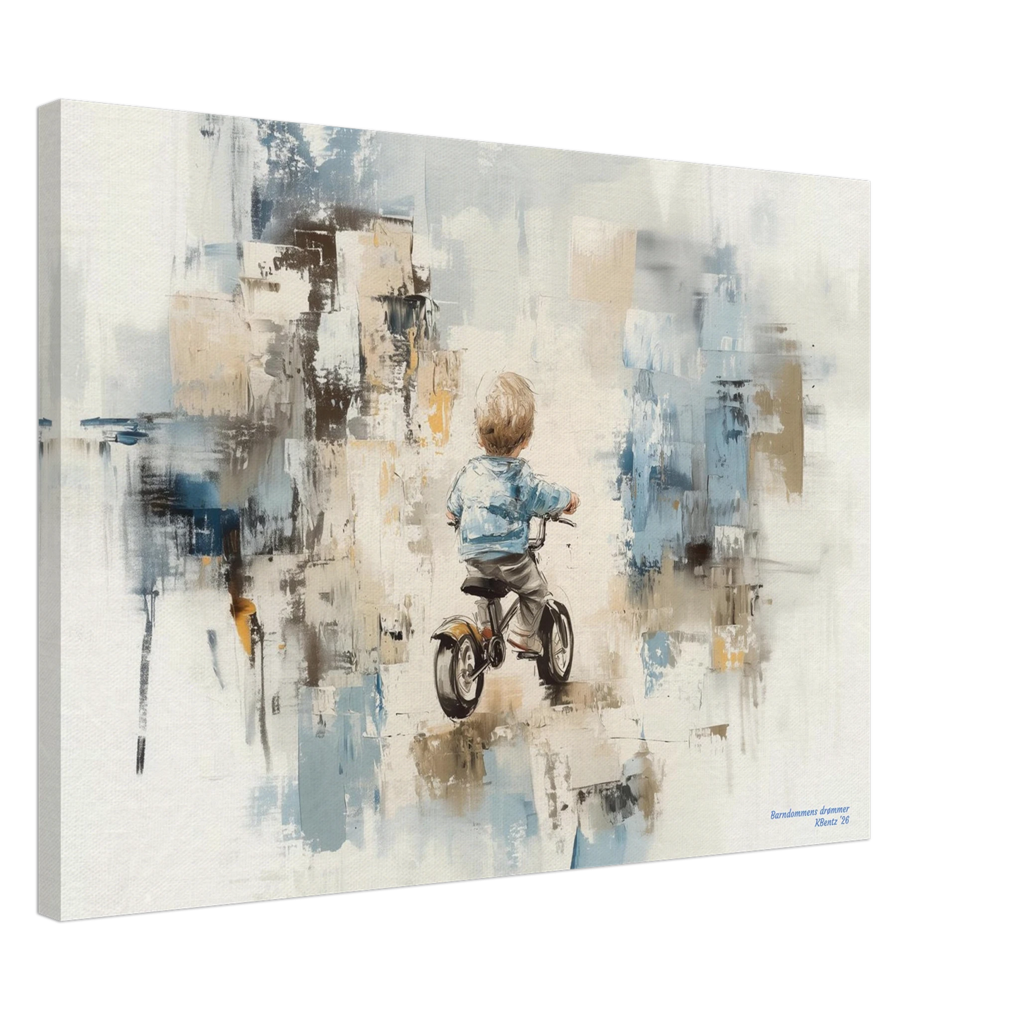 Barndommens drømmer - kunstverk med en gutt på sykkel i blå og beige farger. – moderne veggkunst | KBentz.no