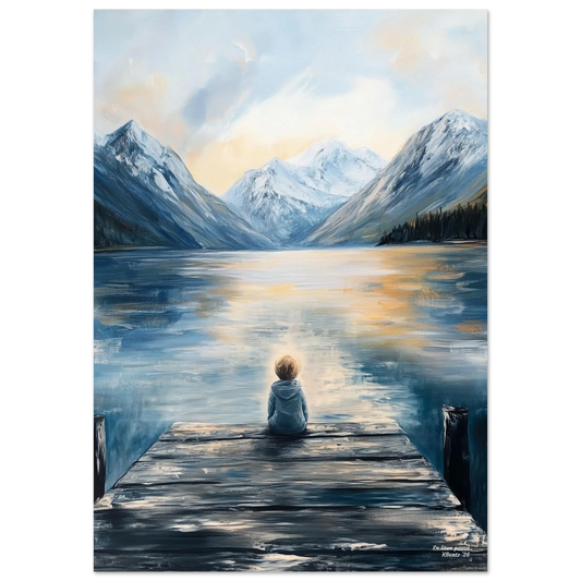 En liten pause; et stille øyeblikk ved vannet med en liten gutt som ser utover innsjøen og fjellene.