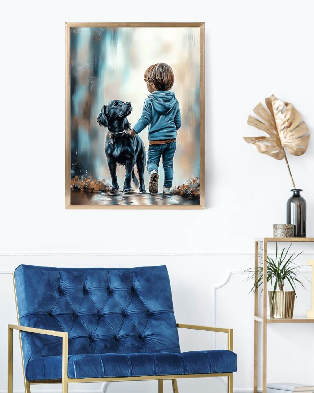 Blikk som møtes - digitalt maleri av barn og hund som deler et stille øyeblikk i interiøret.