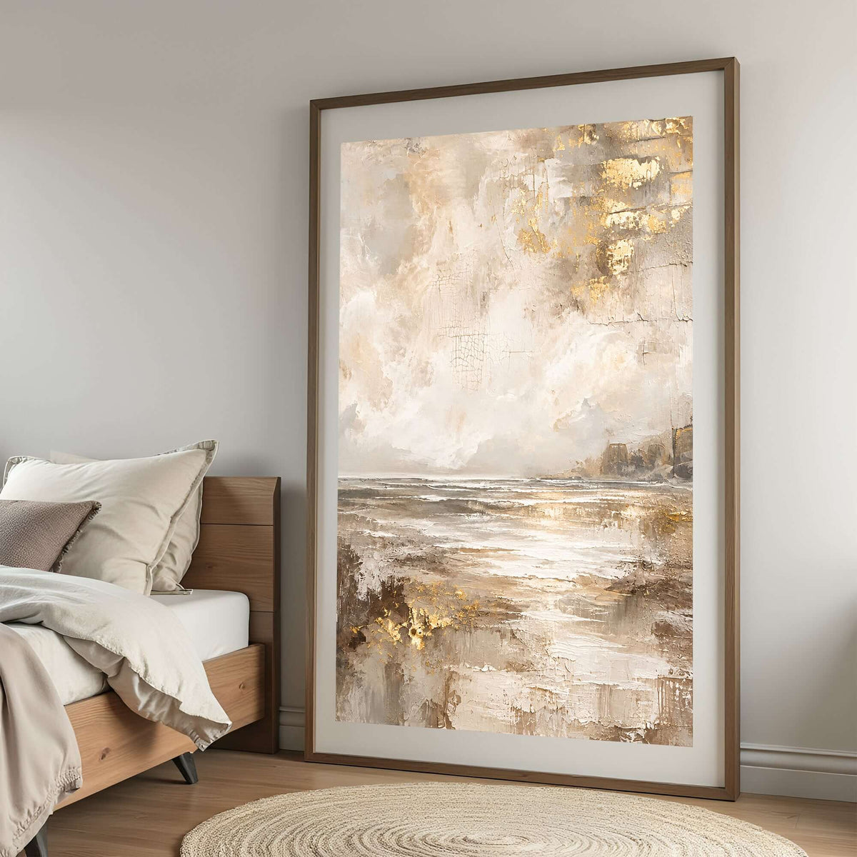 Sand og gull veggbilde med sandtoner, beige og gullnyanser i stilfullt rom. – moderne veggkunst | KBentz.no