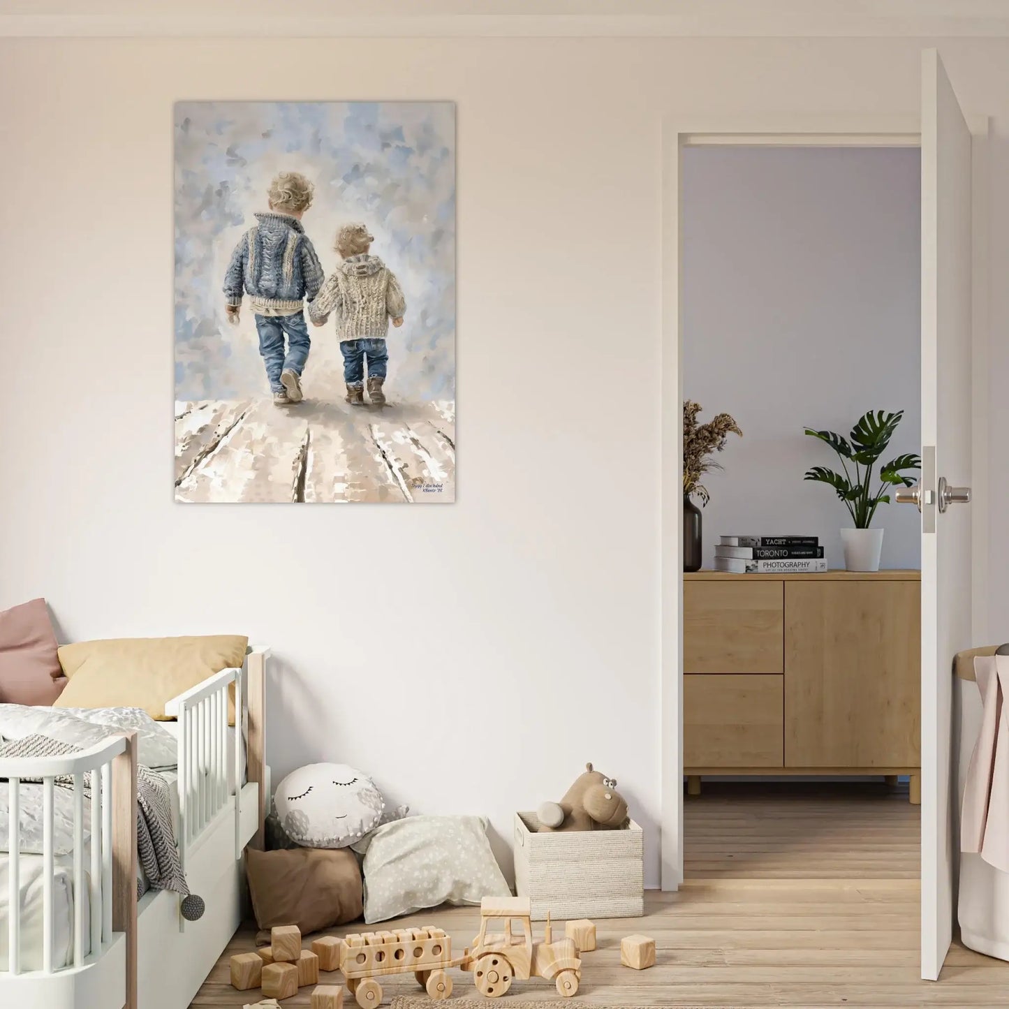 Trygg i din hånd - digitalt maleri av to barn på en trebro, symboliserer kjærlighet og nærhet, perfekt for barnerom. – moderne veggkunst | KBentz.no
