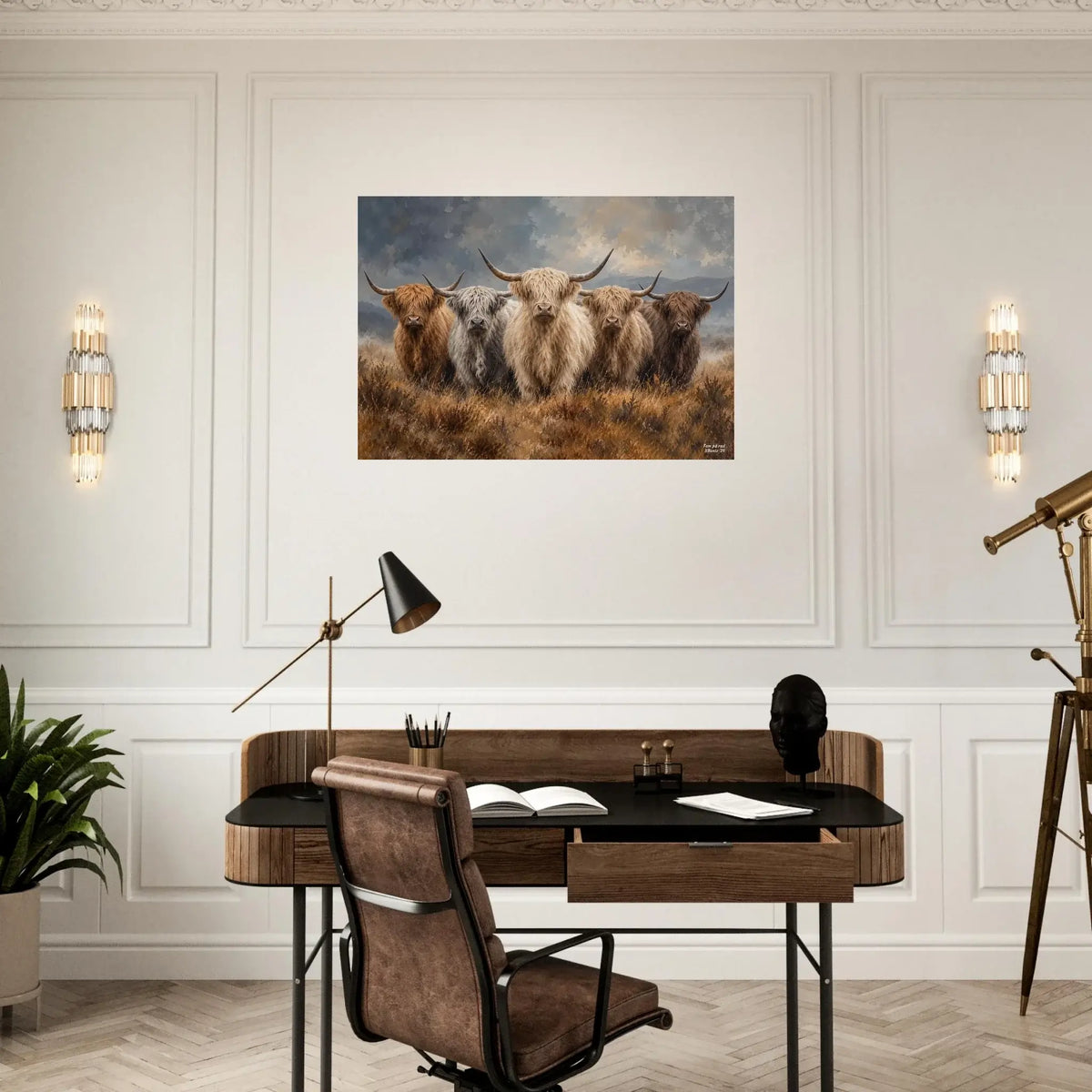 Fem på rad veggbilde av høylandsfe i et åpent landskap, dekorativ kunst for skandinavisk preg. – moderne veggkunst | KBentz.no