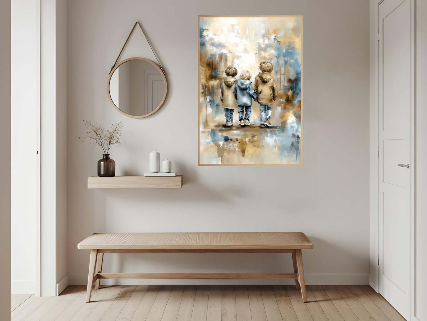 Tre Brødre kunstmotiv som skildrer tre gutter i beige, blå og jordnære toner i et drømmende landskap. – moderne veggkunst | KBentz.no